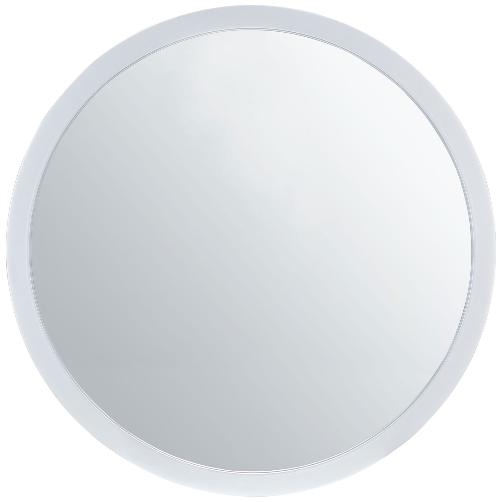 A broad round mirror bordered by sleek silver-finish metal creates a crisp, airy accent || MRR2006D || front_studio
