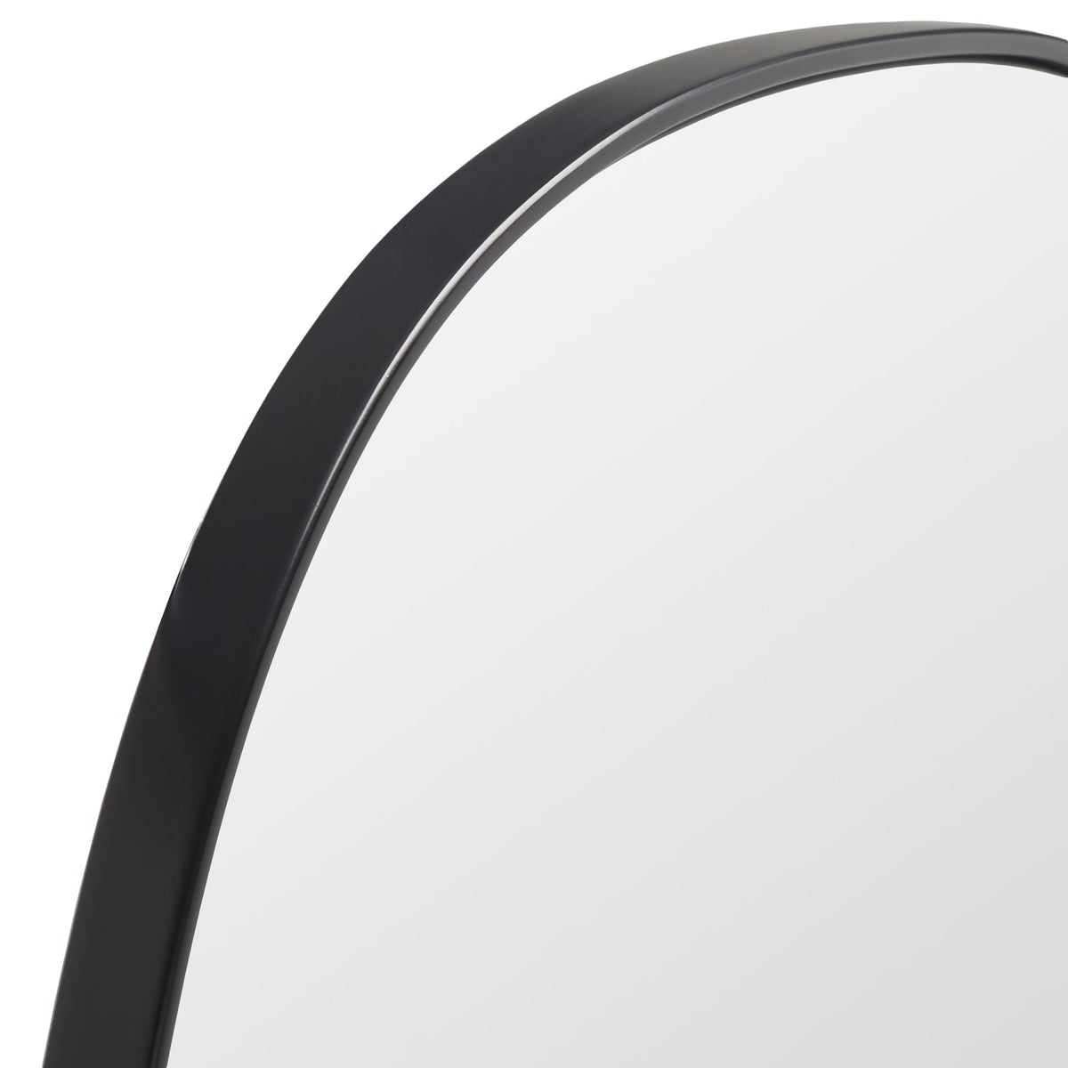Smooth black metal trim follows the mirror's curved edge for a clean, modern finish || MRR2007B || detail_studio