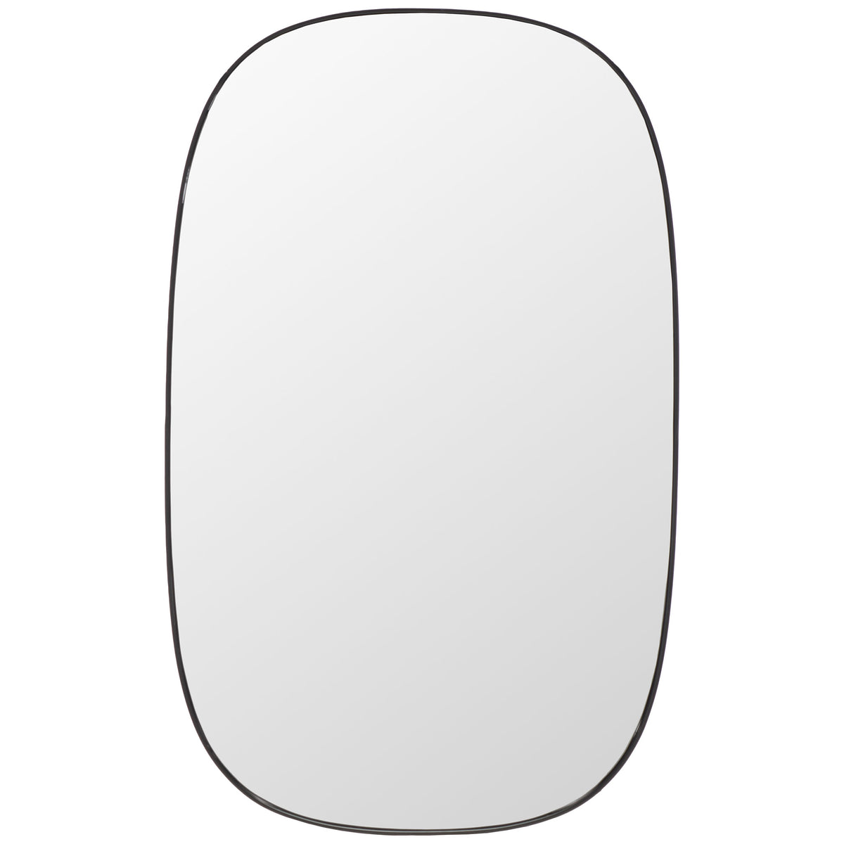 A slim black metal frame outlines a tall mirror with a softly rounded rectangular shape || MRR2007B || front_studio