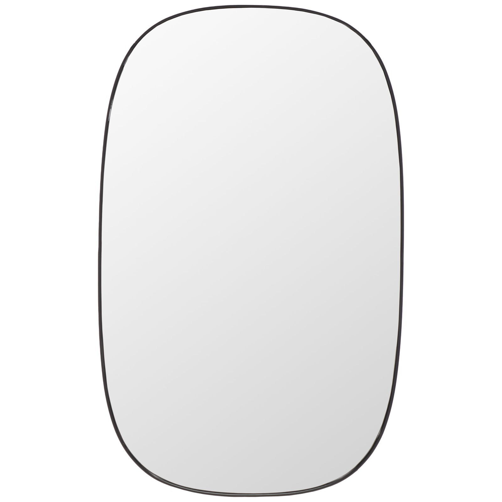 A slim black metal frame outlines a tall mirror with a softly rounded rectangular shape || MRR2007B || front_studio
