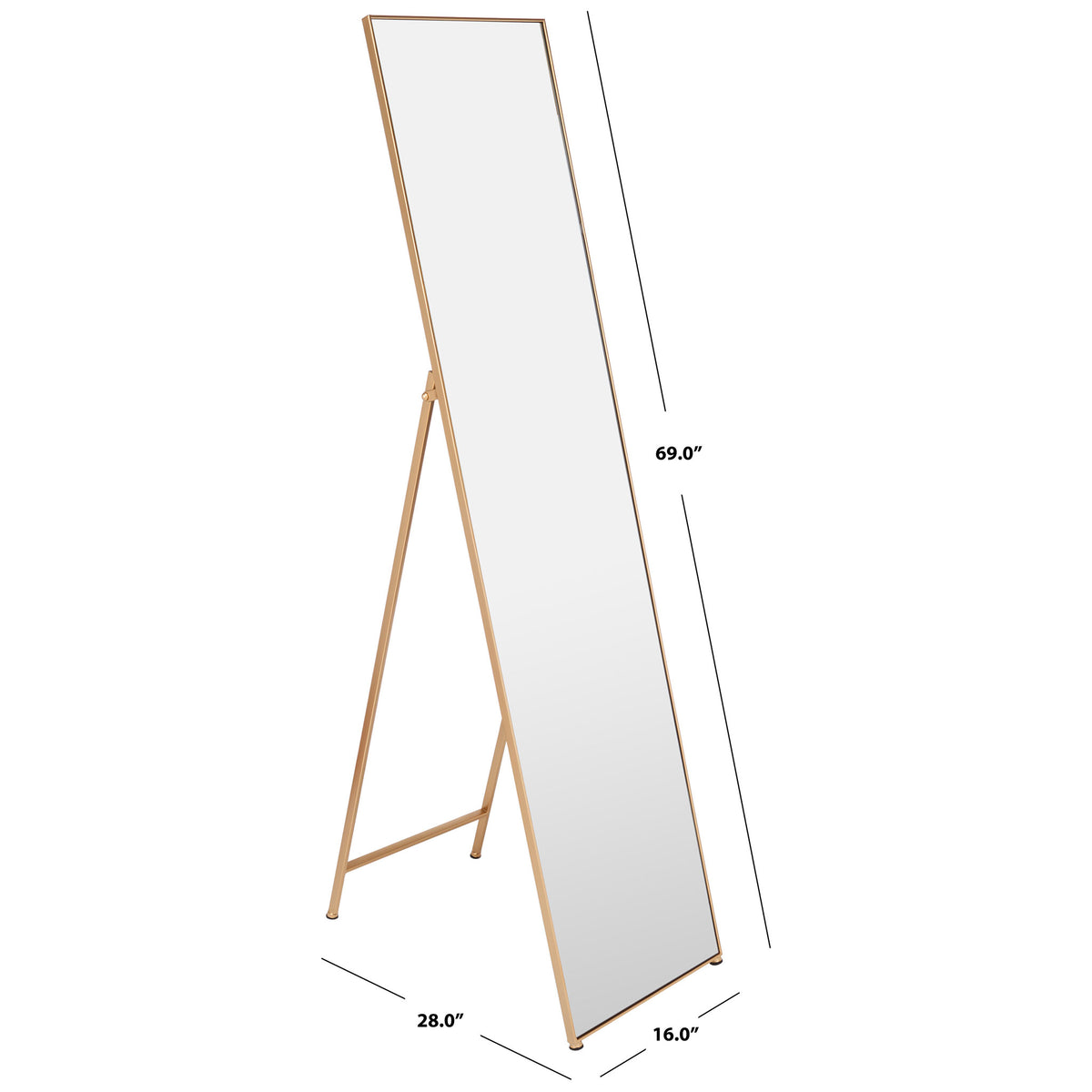 This brass-finished floor mirror stands 69 inches high with a 16-inch width and 28-inch depth || MRR2008A || dimension_studio