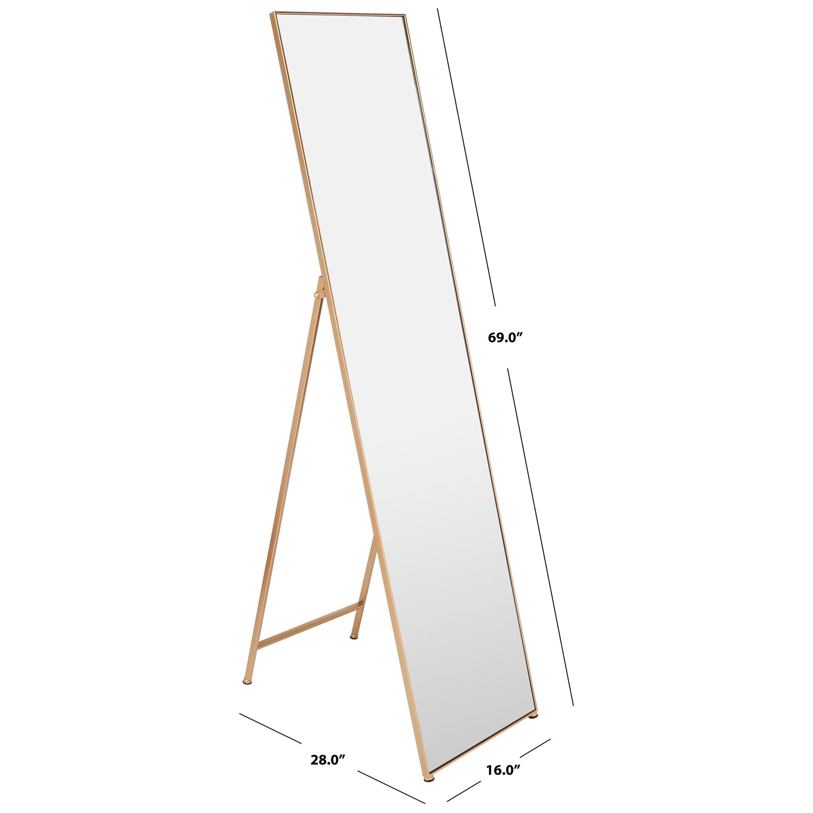 This brass-finished floor mirror stands 69 inches high with a 16-inch width and 28-inch depth || MRR2008A || dimension_studio