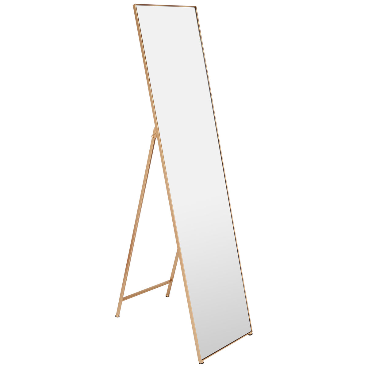 This brass-finished floor mirror features a tall reflective panel and easel-style rear support || MRR2008A || front_angle_studio