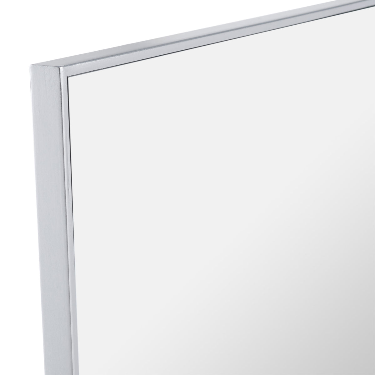 The silver metal frame forms a crisp, narrow border around the smooth mirror surface || MRR2008B || detail_studio