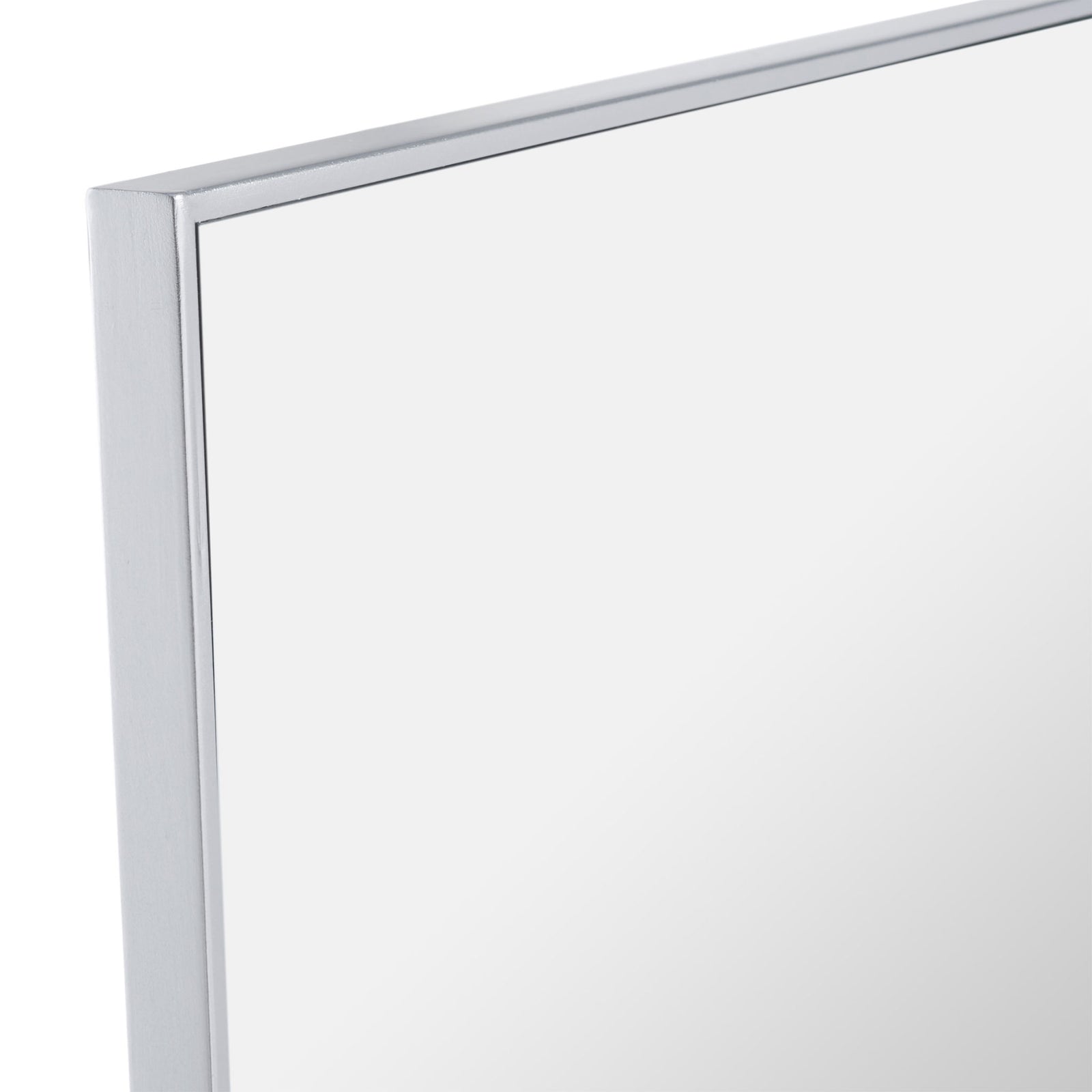 The silver metal frame forms a crisp, narrow border around the smooth mirror surface || MRR2008B || detail_studio
