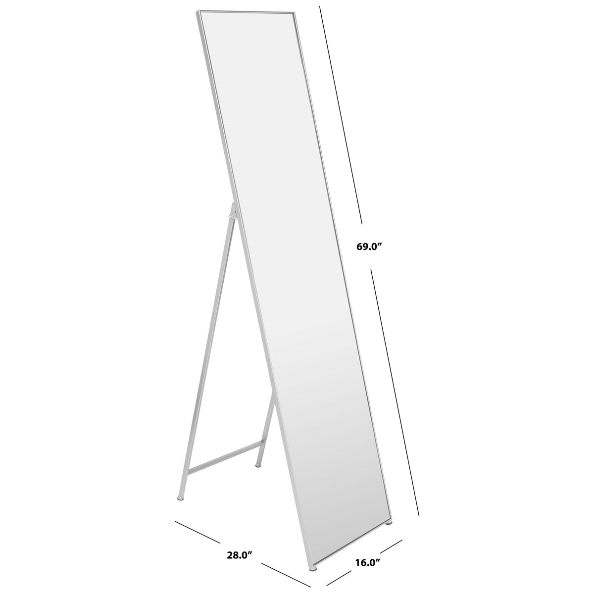 This silver-framed floor mirror stands 69 inches high with a 16-inch width and 28-inch depth