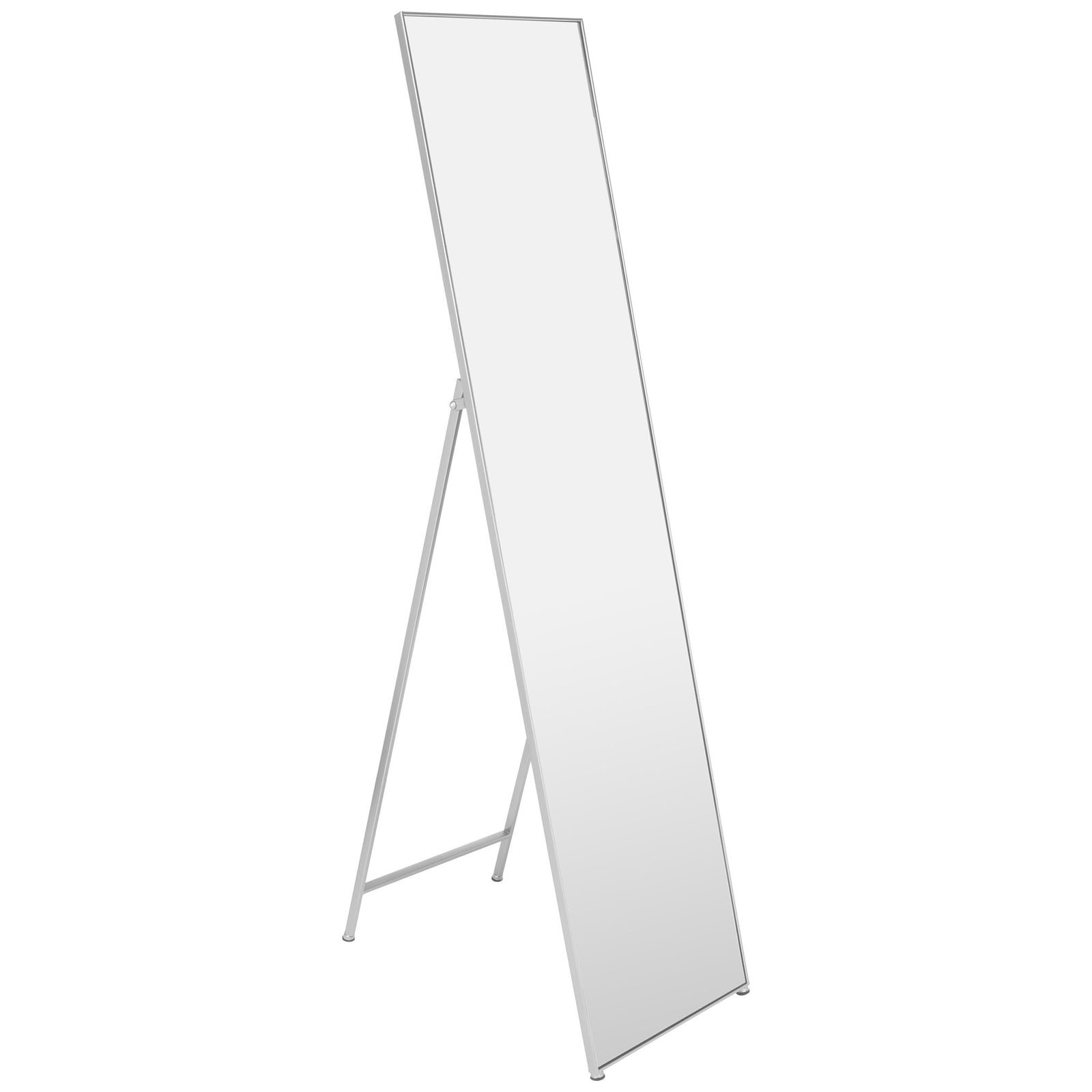A silver metal frame and easel-style rear support let this full-length mirror stand on its own || MRR2008B || front_angle_studio