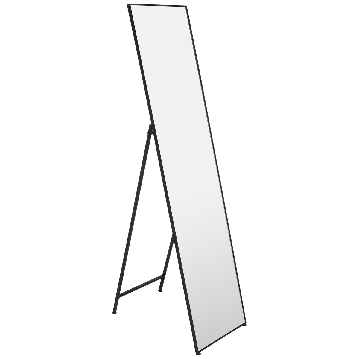 A black metal floor mirror pairs a tall reflective panel with a freestanding rear support || MRR2008C || front_angle_studio