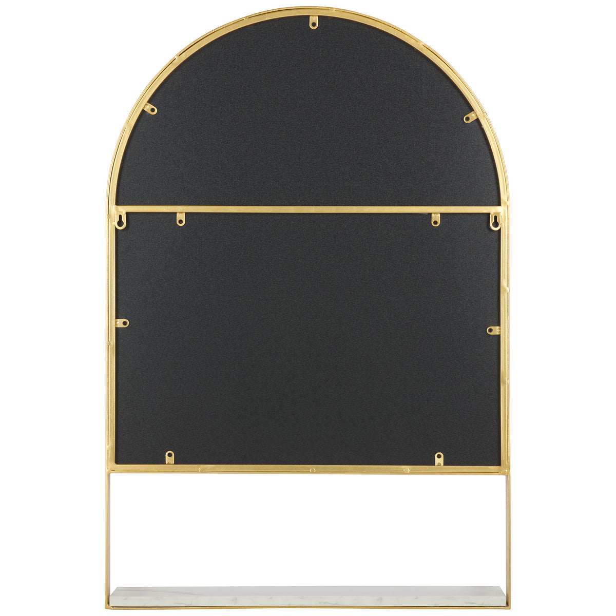 The arched mirror has a dark backing with brass-toned mounting points above its white shelf. || MRR2009A || back_studio