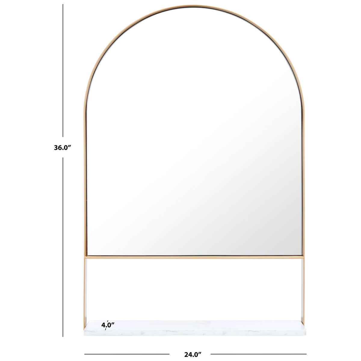 The brass-framed arched mirror measures 24 inches wide, 36 inches high, and 4 inches deep. || MRR2009A || dimension_studio