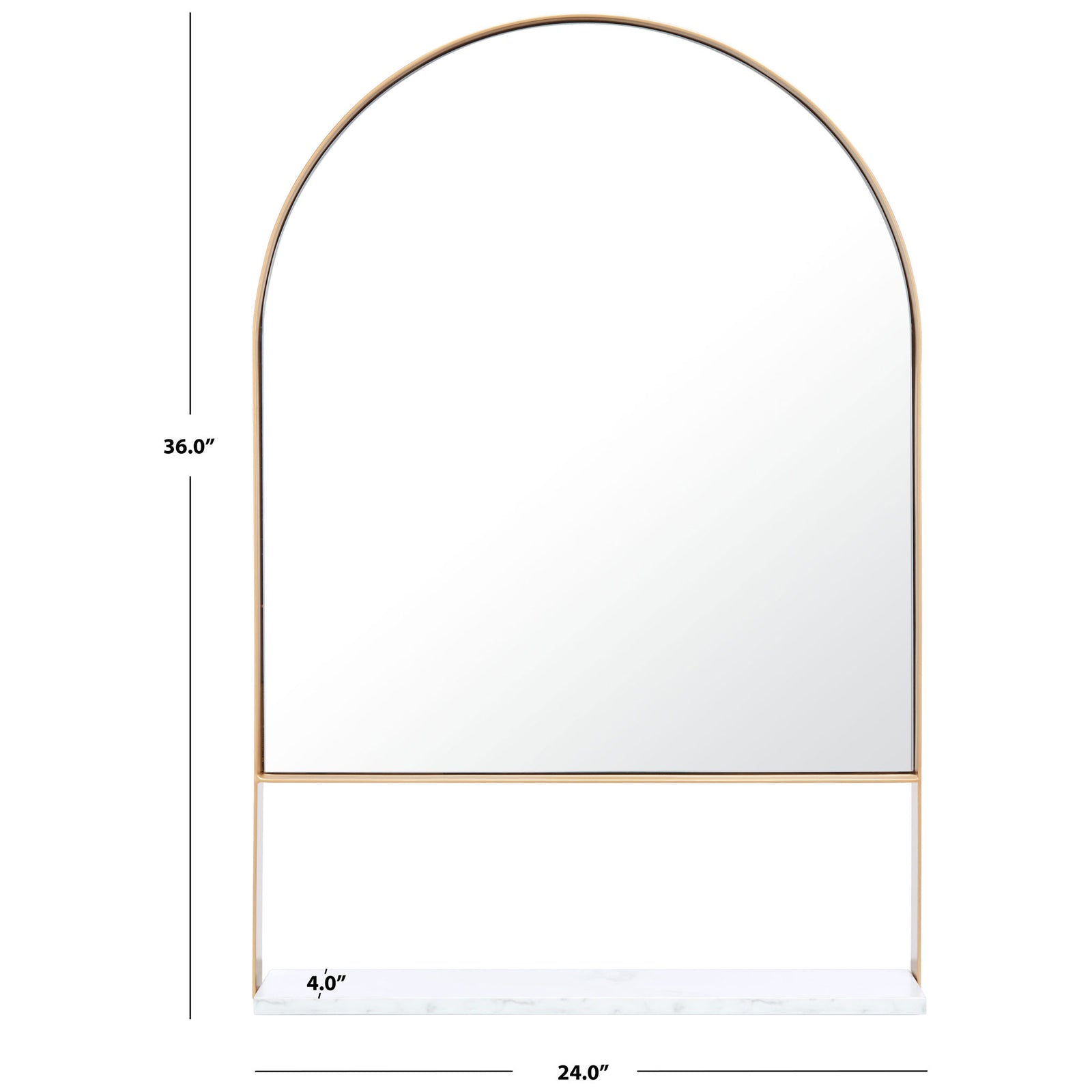 The brass-framed arched mirror measures 24 inches wide, 36 inches high, and 4 inches deep. || MRR2009A || dimension_studio