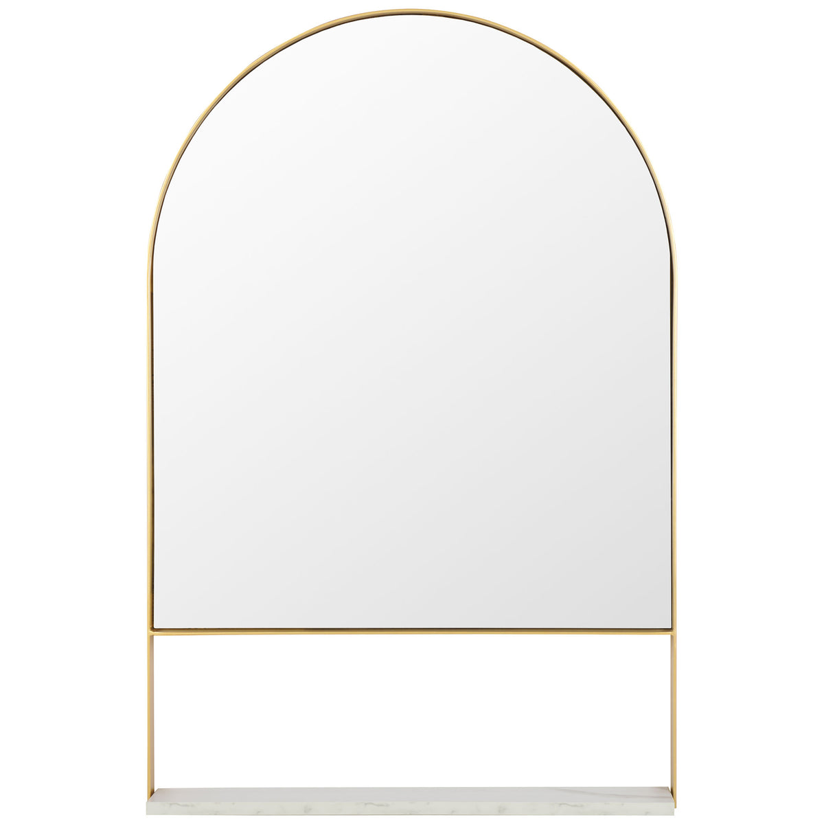 An arched mirror in a slender brass frame pairs with a white display shelf below. || MRR2009A || front_studio