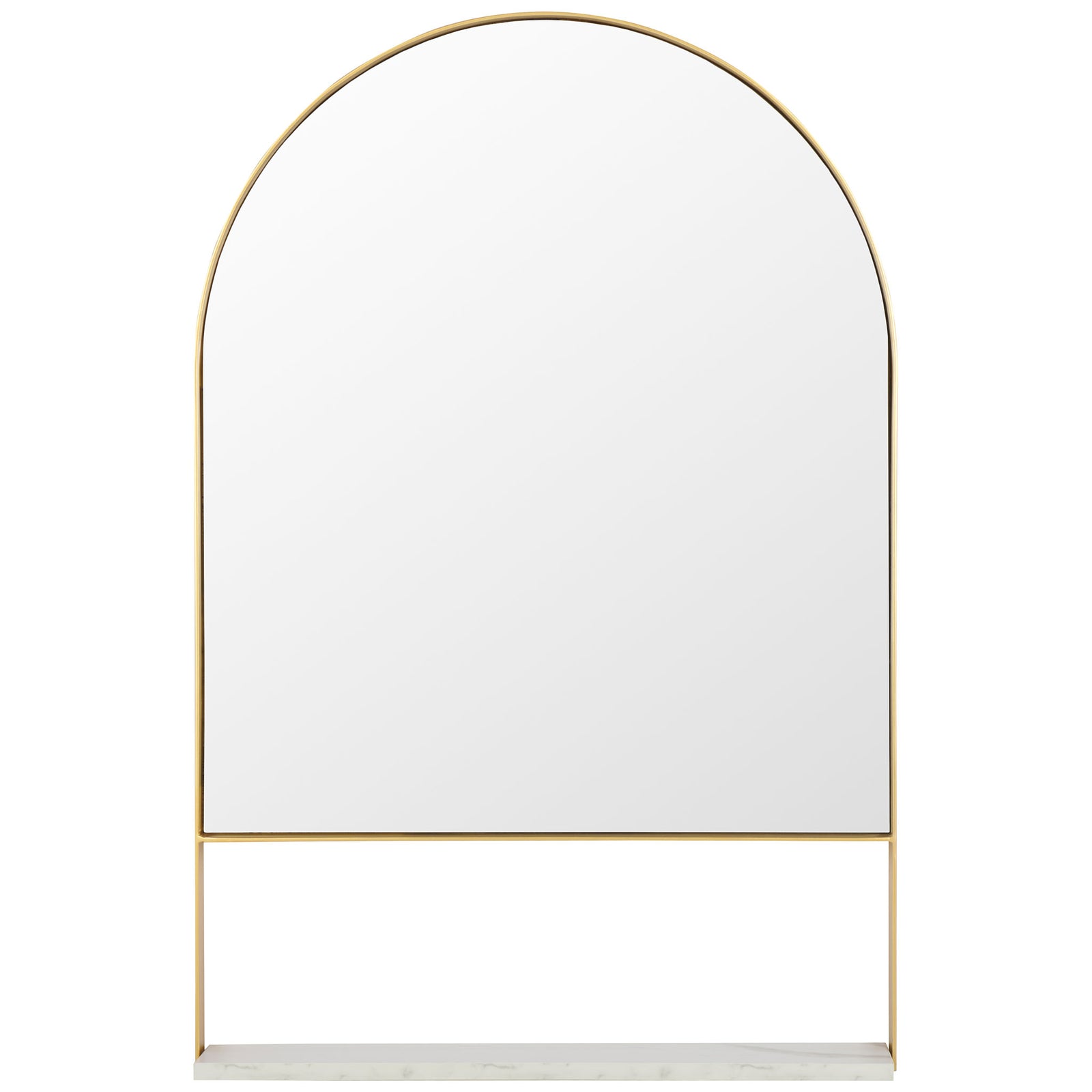 An arched mirror in a slender brass frame pairs with a white display shelf below. || MRR2009A || front_studio
