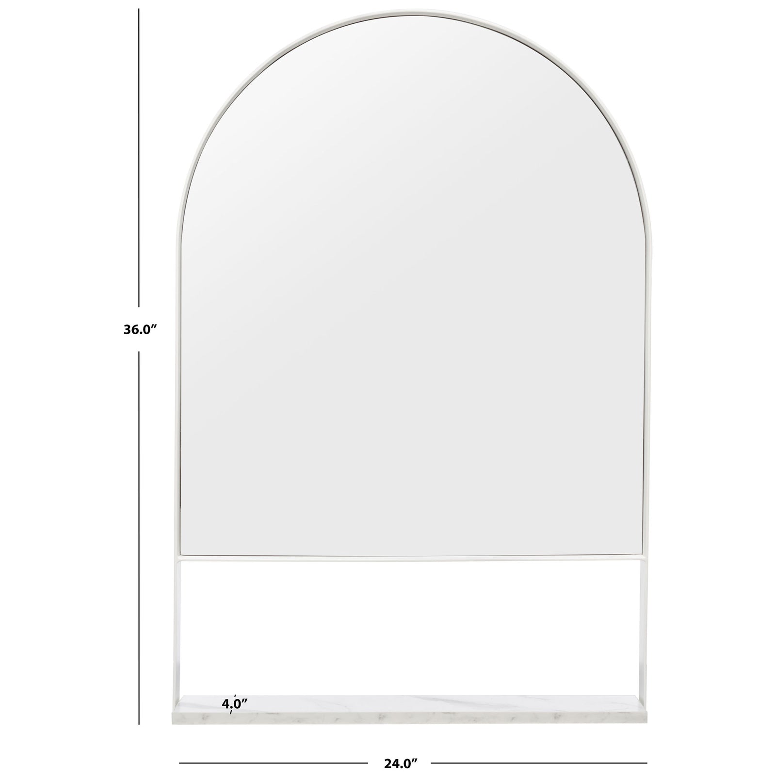 The white-framed arched mirror measures 24 inches wide, 36 inches high, and 4 inches deep. || MRR2009B || dimension_studio