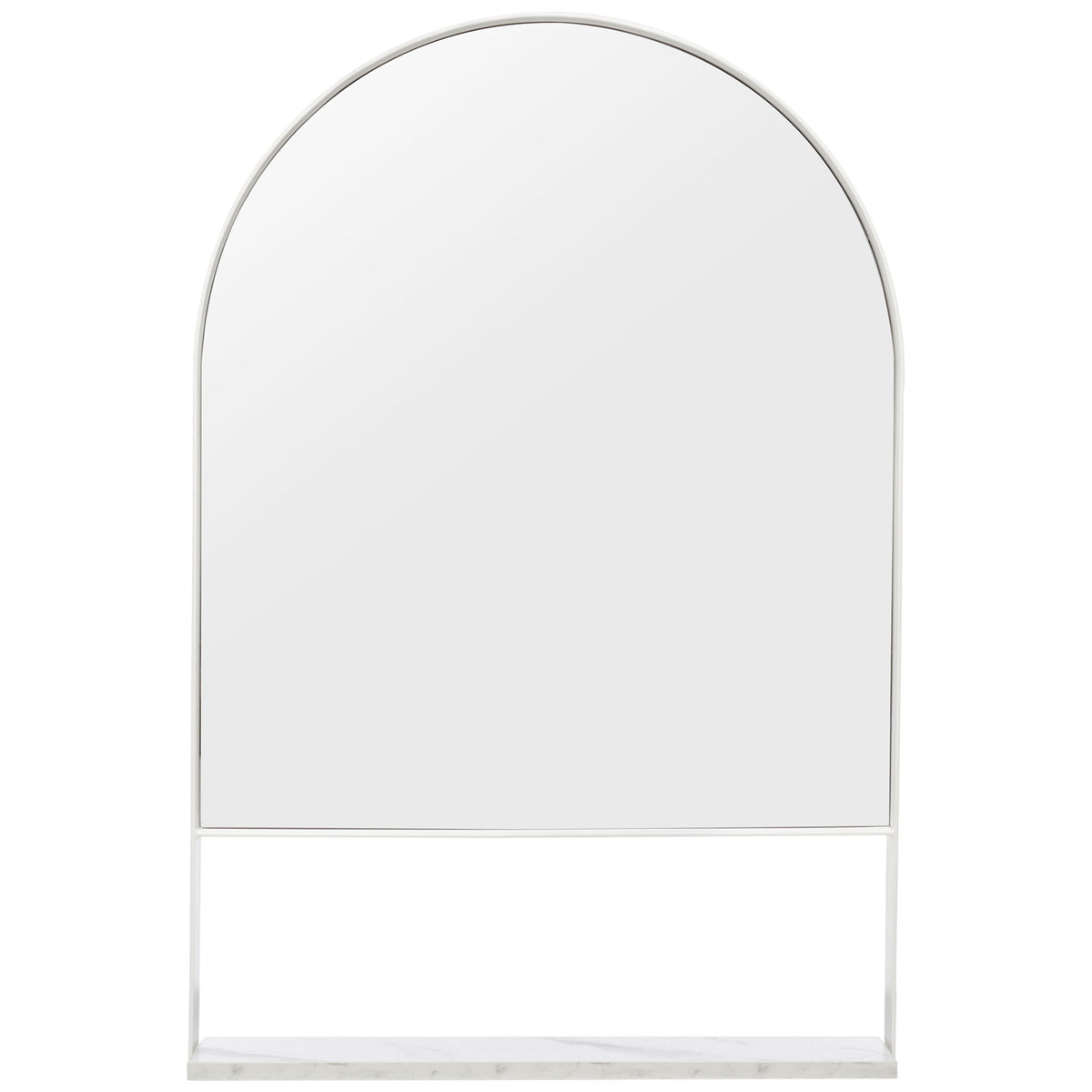 A streamlined white frame outlines the arched mirror, with a pale veined shelf below. || MRR2009B || front_studio
