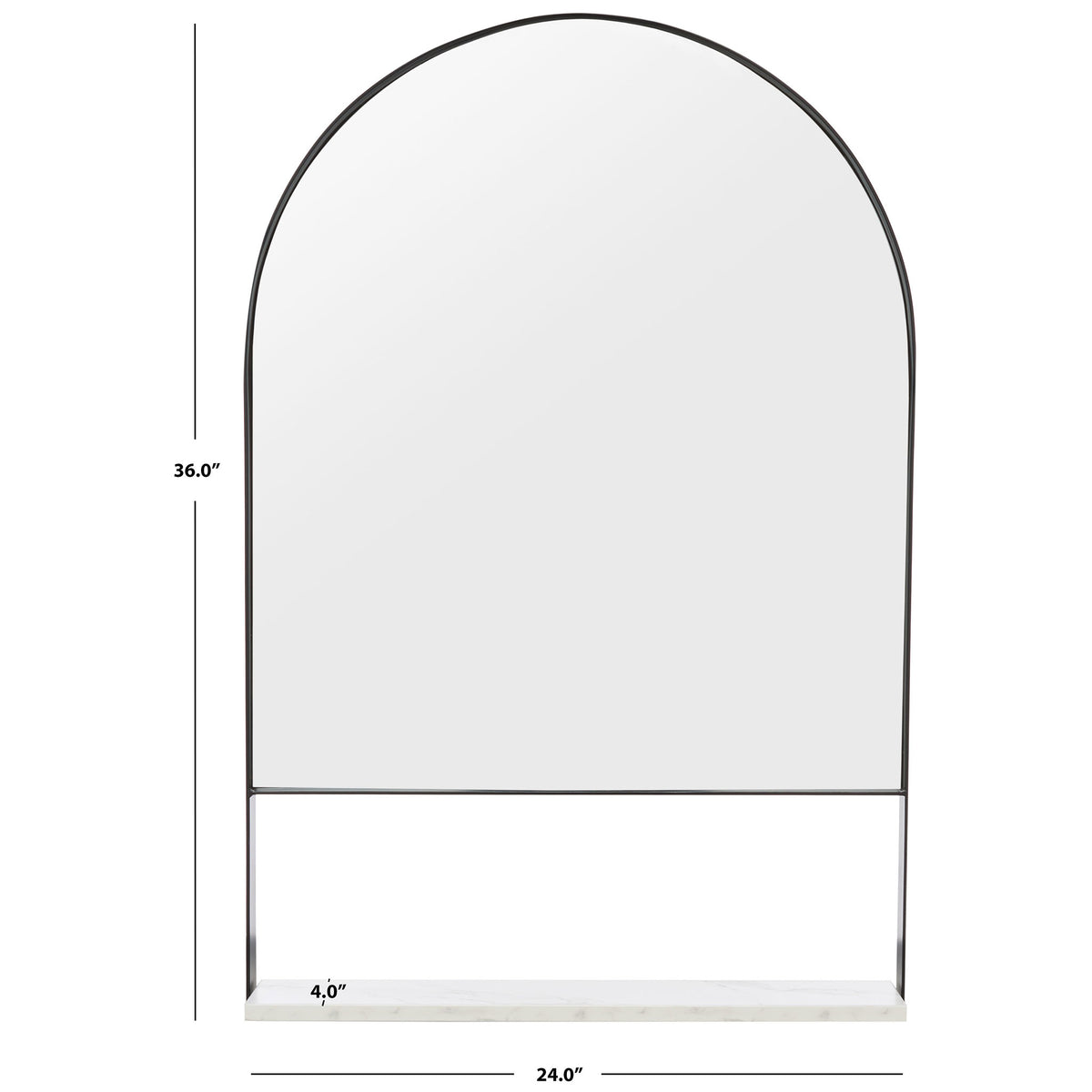 The black-framed arched mirror measures 24 inches wide, 36 inches high, and 4 inches deep. || MRR2009C || dimension_studio