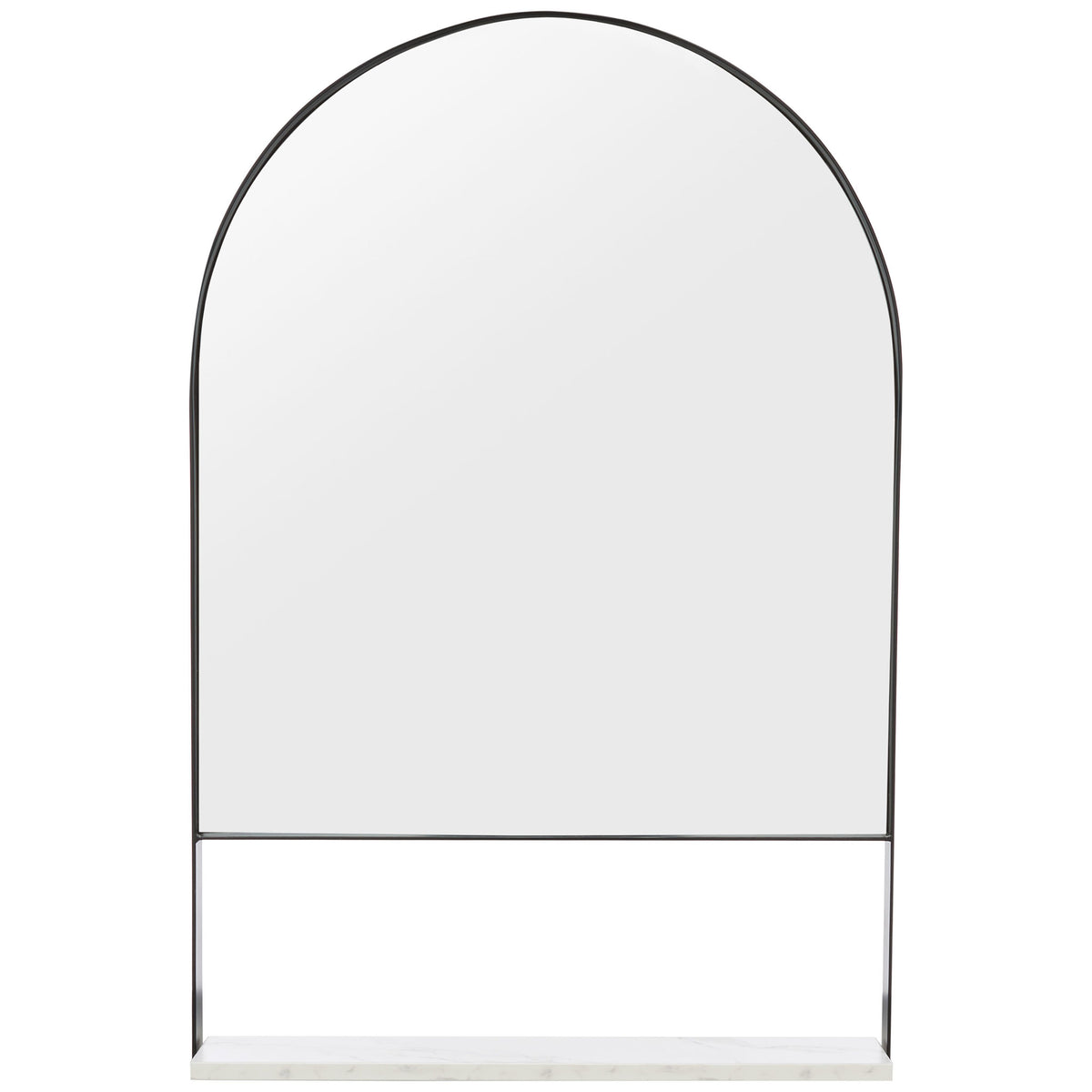 A black metal frame surrounds the arched mirror, with a white display shelf beneath. || MRR2009C || front_studio