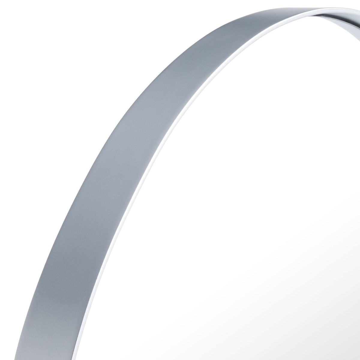 The silver metal frame follows the mirror's smooth arch with a refined metallic finish.