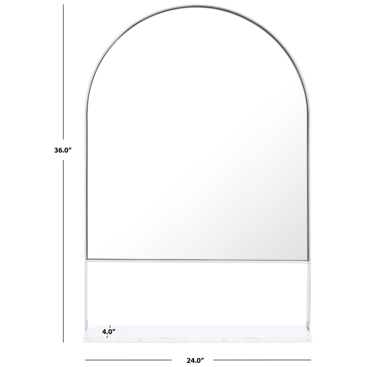 The silver-framed arched mirror measures 24 inches wide, 36 inches high, and 4 inches deep. || MRR2009D || dimension_studio