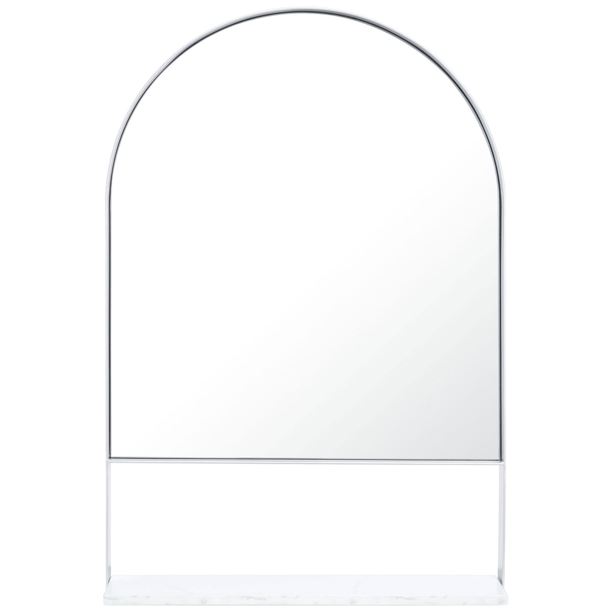 A slim silver frame surrounds the arched mirror above a white display shelf. || MRR2009D || front_studio