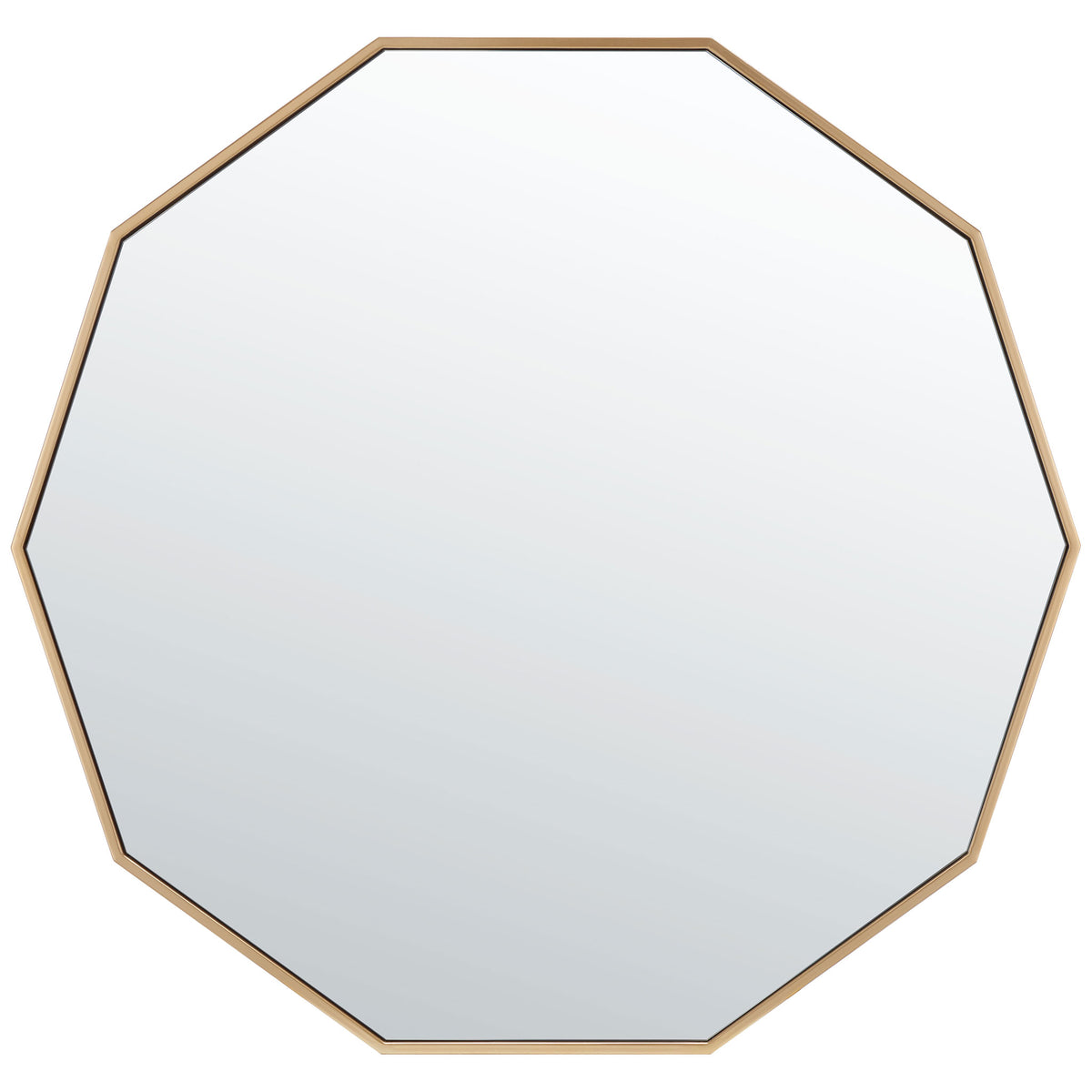 Warm brass-finished metal outlines a spacious ten-sided mirror with clean geometric lines || MRR2010A || front_studio
