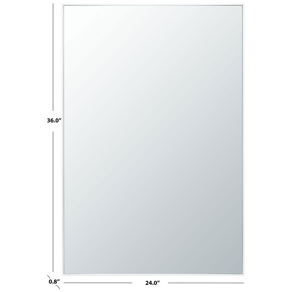 A white-framed mirror stands 36 inches high and 24 inches wide with a 0.8-inch depth. || MRR2011A || dimension_studio