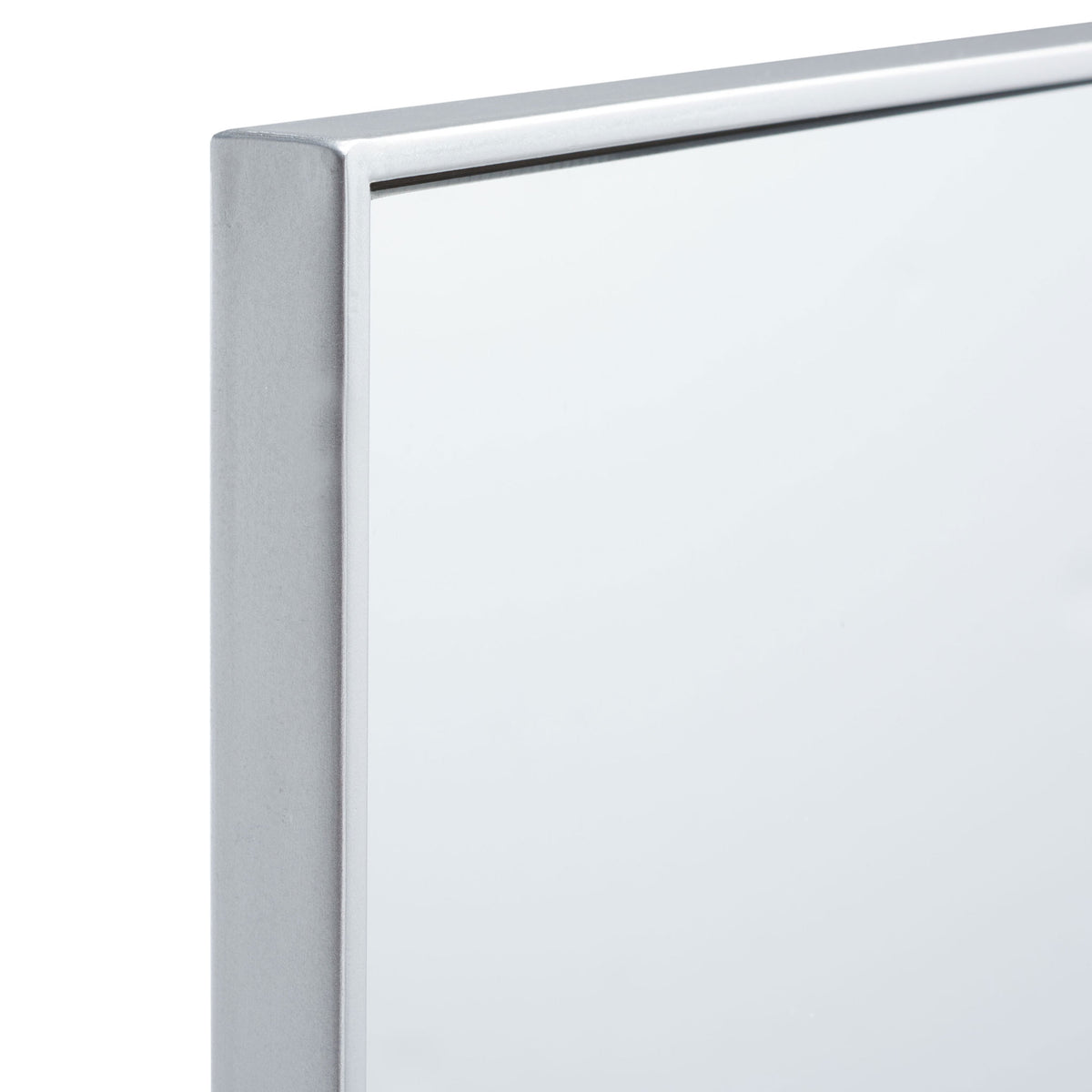 Smooth silver metal trim forms a clean corner around the mirror glass. || MRR2011B || detail_studio