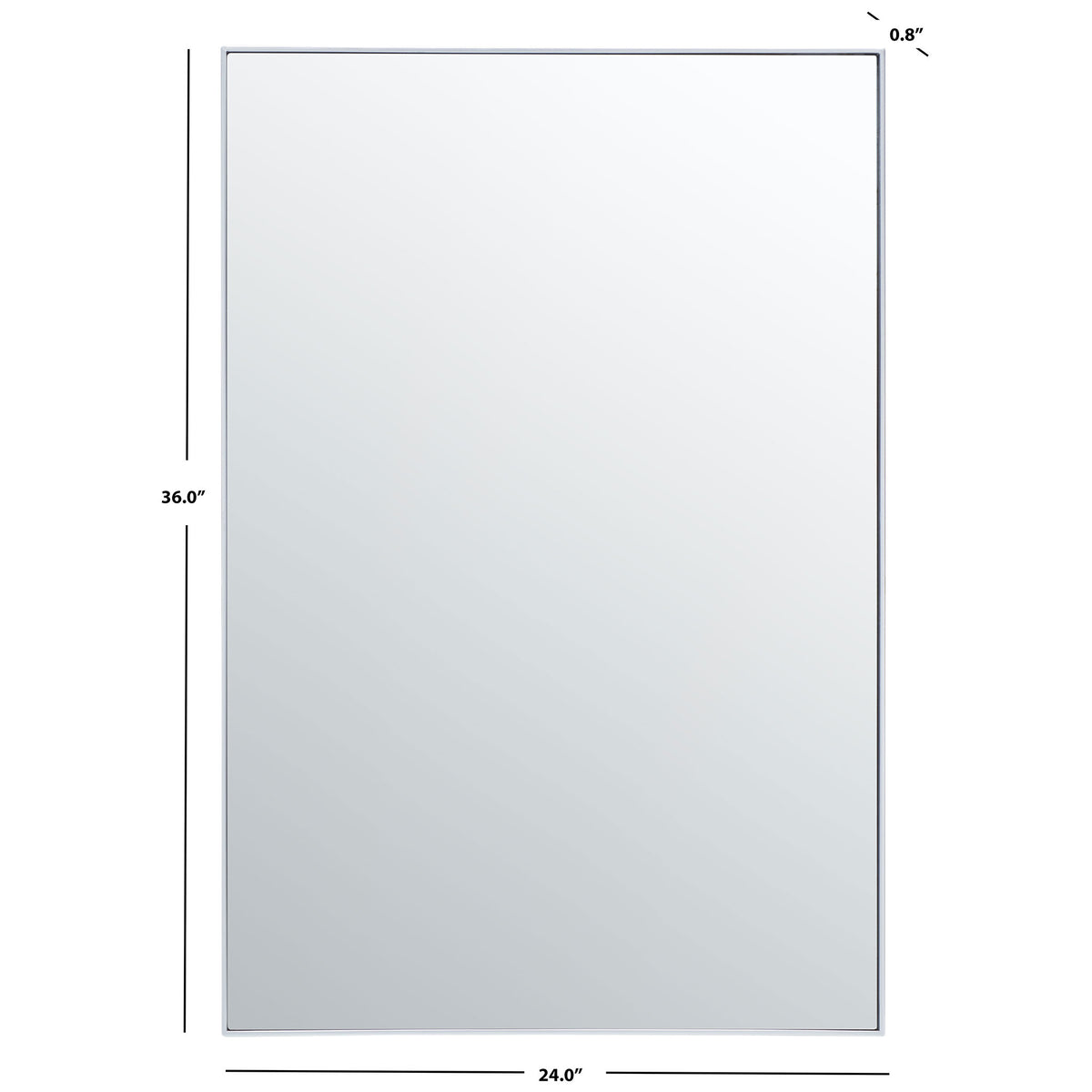 A silver-framed mirror measures 24 inches wide, 36 inches high and 0.8 inch deep. || MRR2011B || dimension_studio