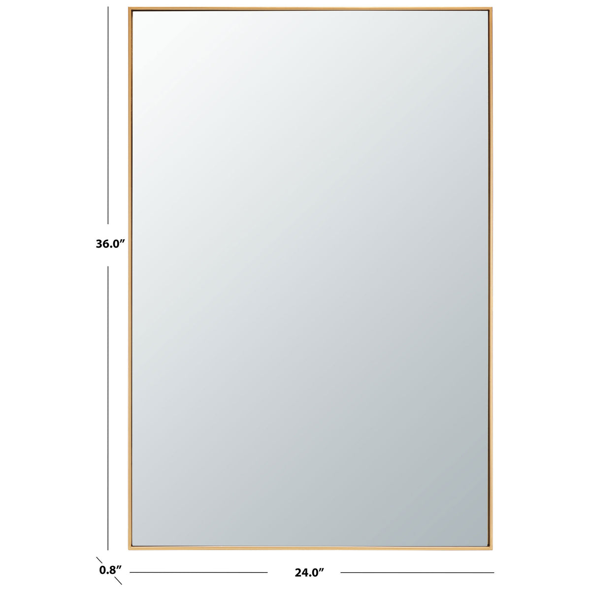 A slim brass-framed mirror measures 24 inches wide, 36 inches high and 0.8 inch deep. || MRR2011C || dimension_studio