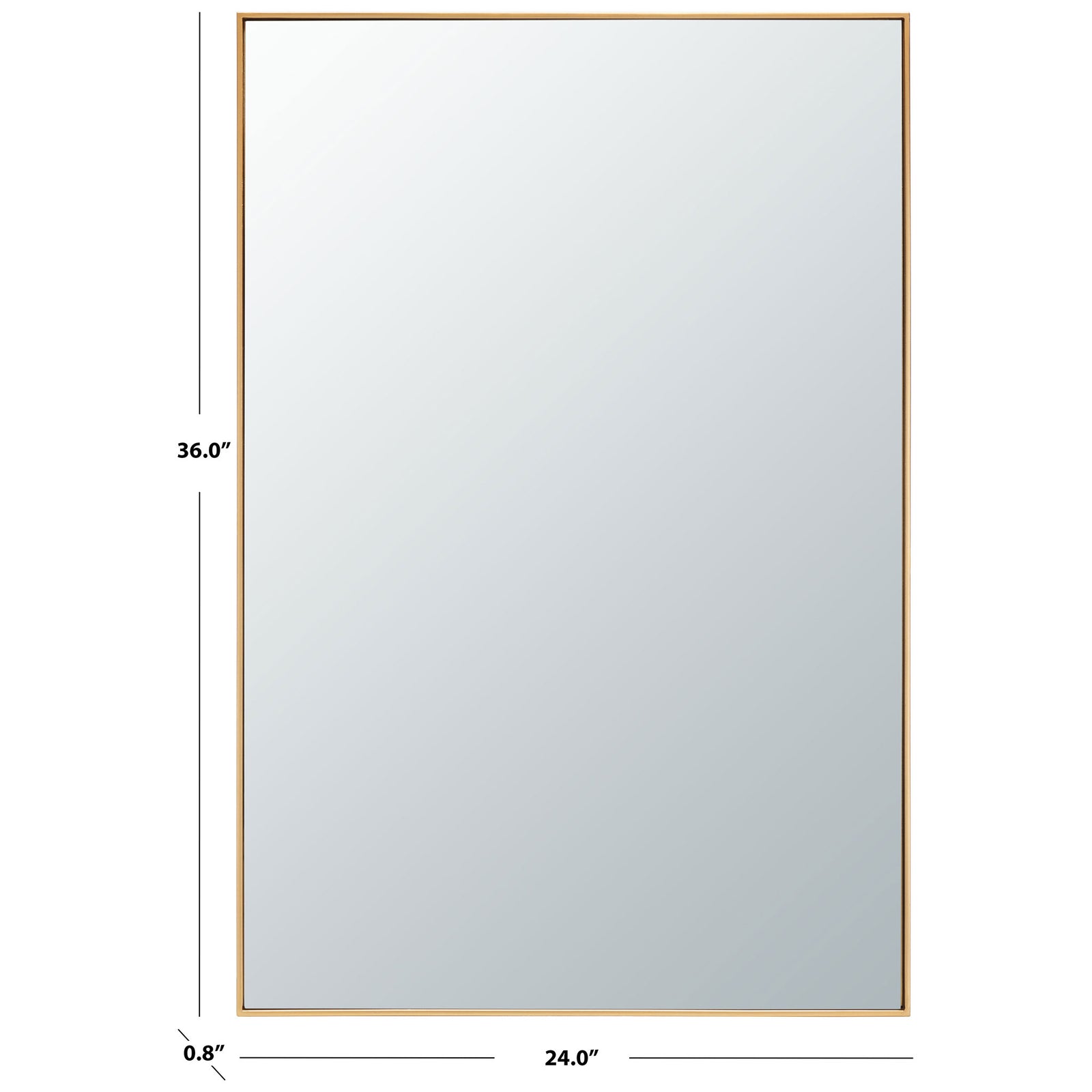 A slim brass-framed mirror measures 24 inches wide, 36 inches high and 0.8 inch deep. || MRR2011C || dimension_studio