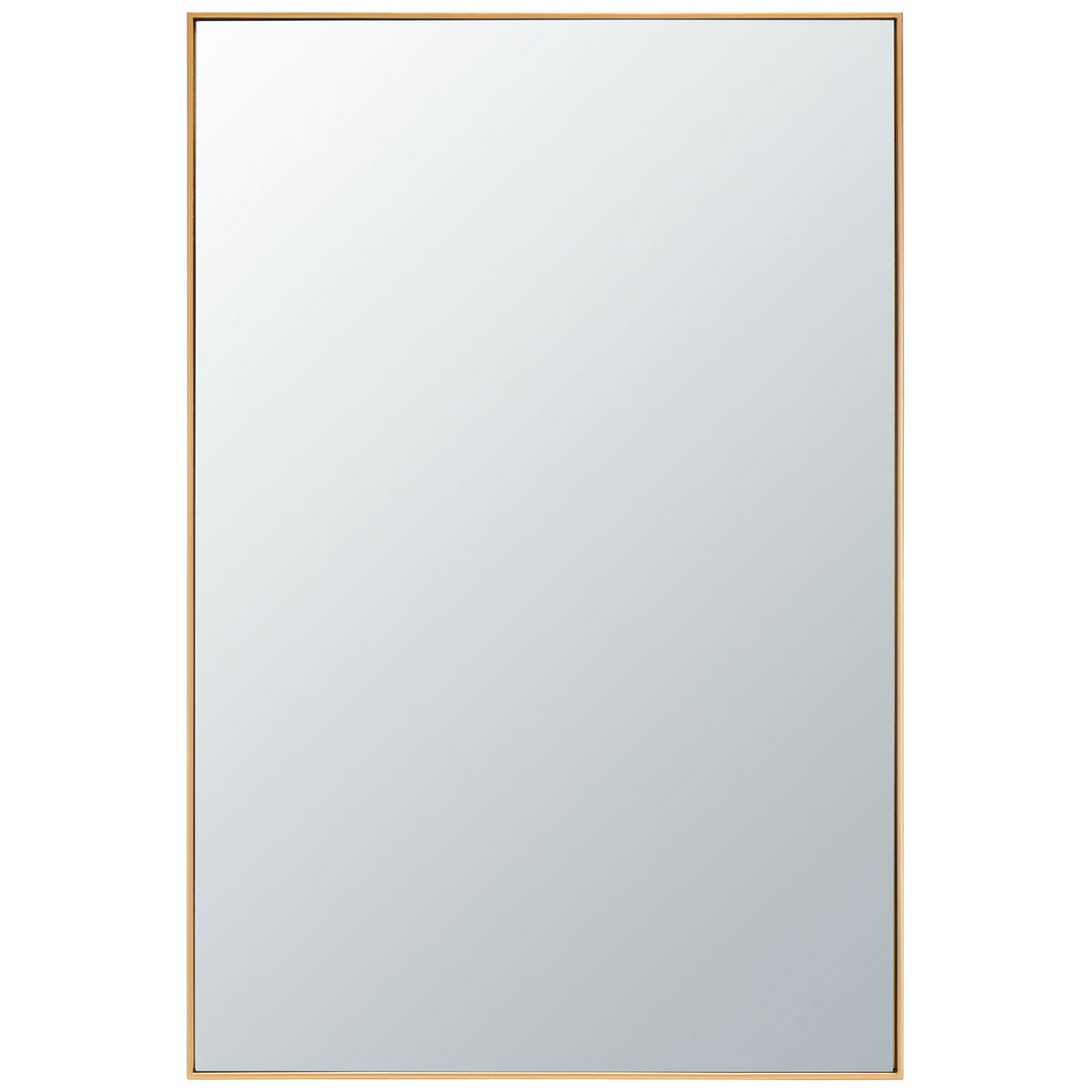 A tall rectangular mirror pairs an expansive reflective surface with a slender brass frame. || MRR2011C || front_studio