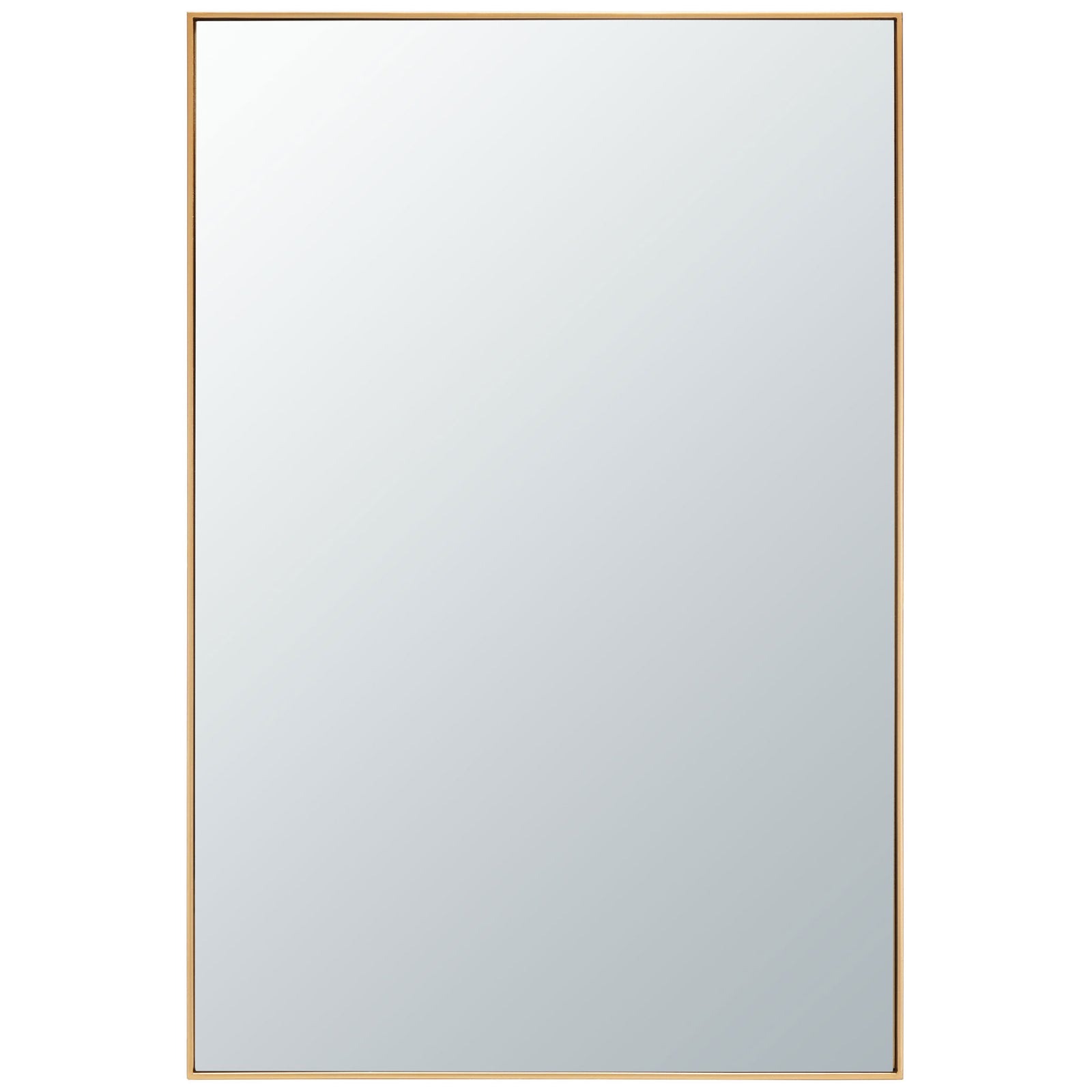 A tall rectangular mirror pairs an expansive reflective surface with a slender brass frame. || MRR2011C || front_studio