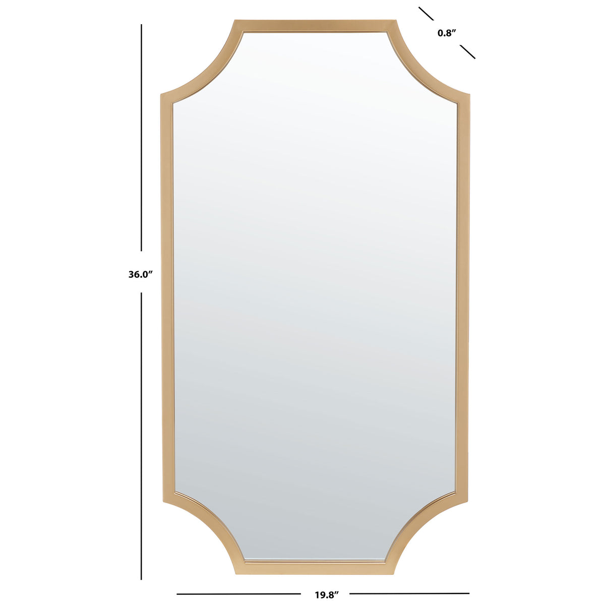 The brass-framed mirror measures 19.8 inches wide, 36 inches high, and 0.8 inches deep. || MRR2012A || dimension_studio