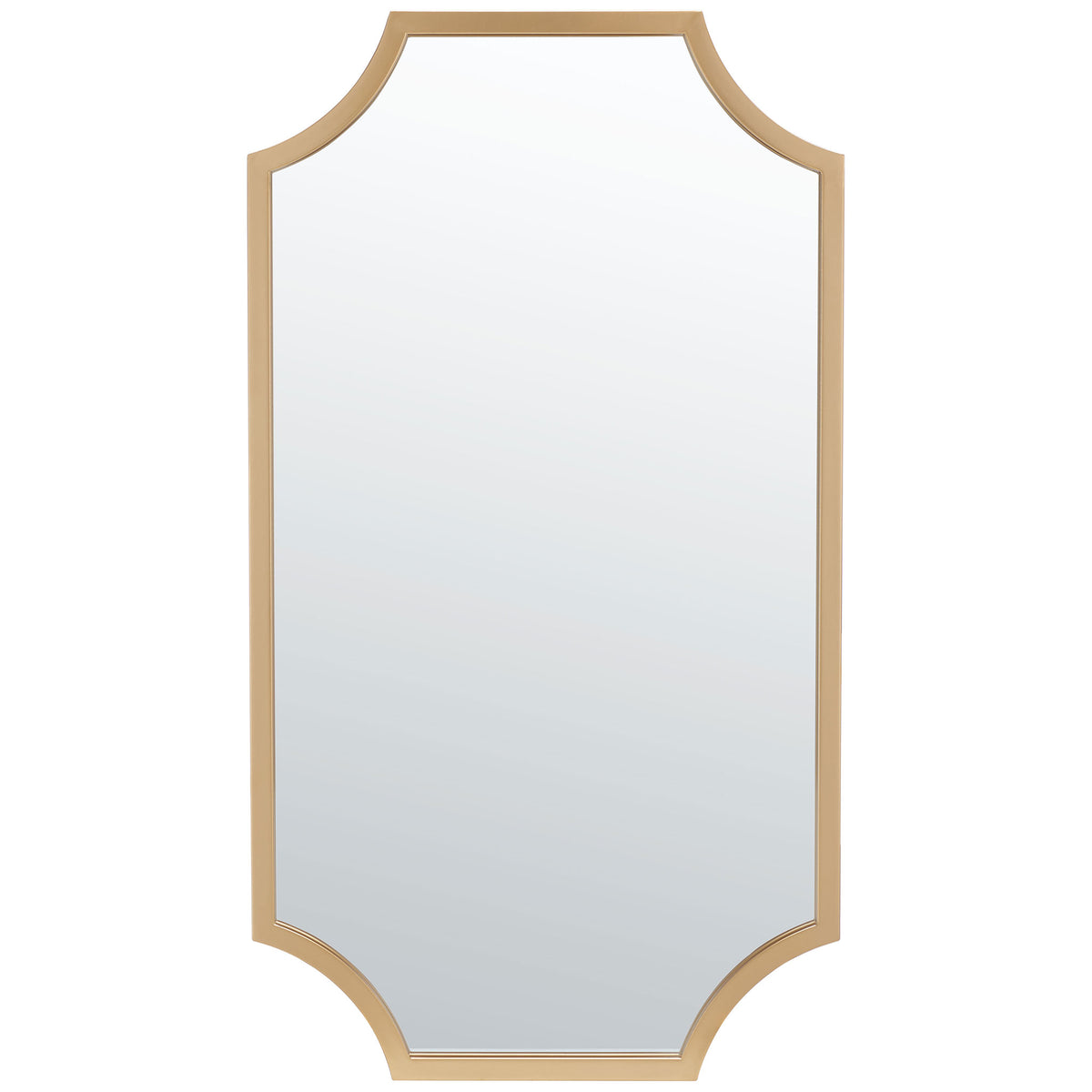 A tall mirror features a warm brass-finished frame and distinctive inward-curved corners. || MRR2012A || front_studio