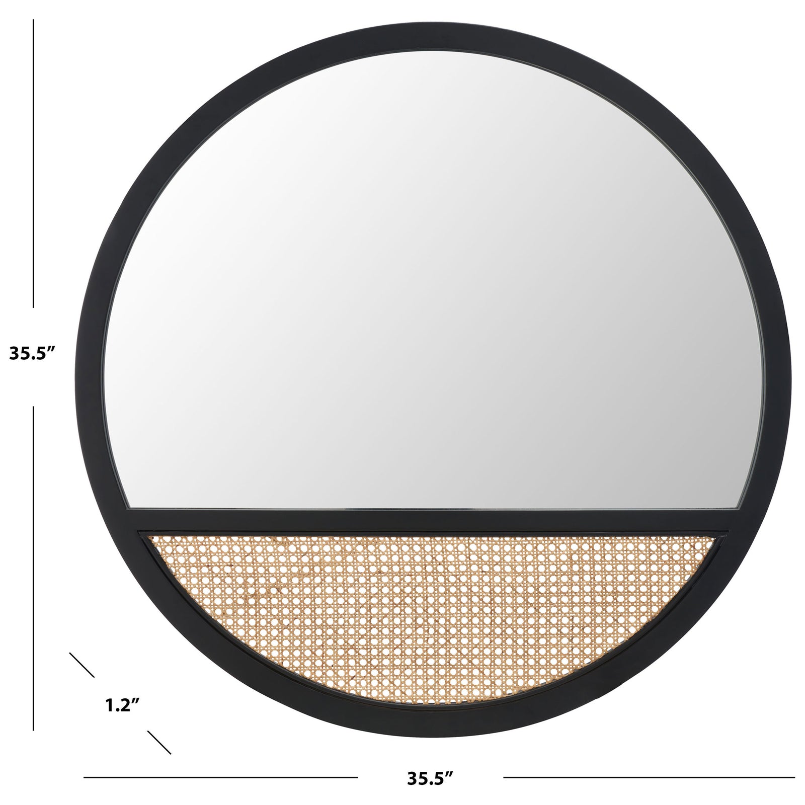 Round black-framed mirror with woven cane measures 35.5 inches across and 1.2 inches deep || MRR2013A || dimension_studio