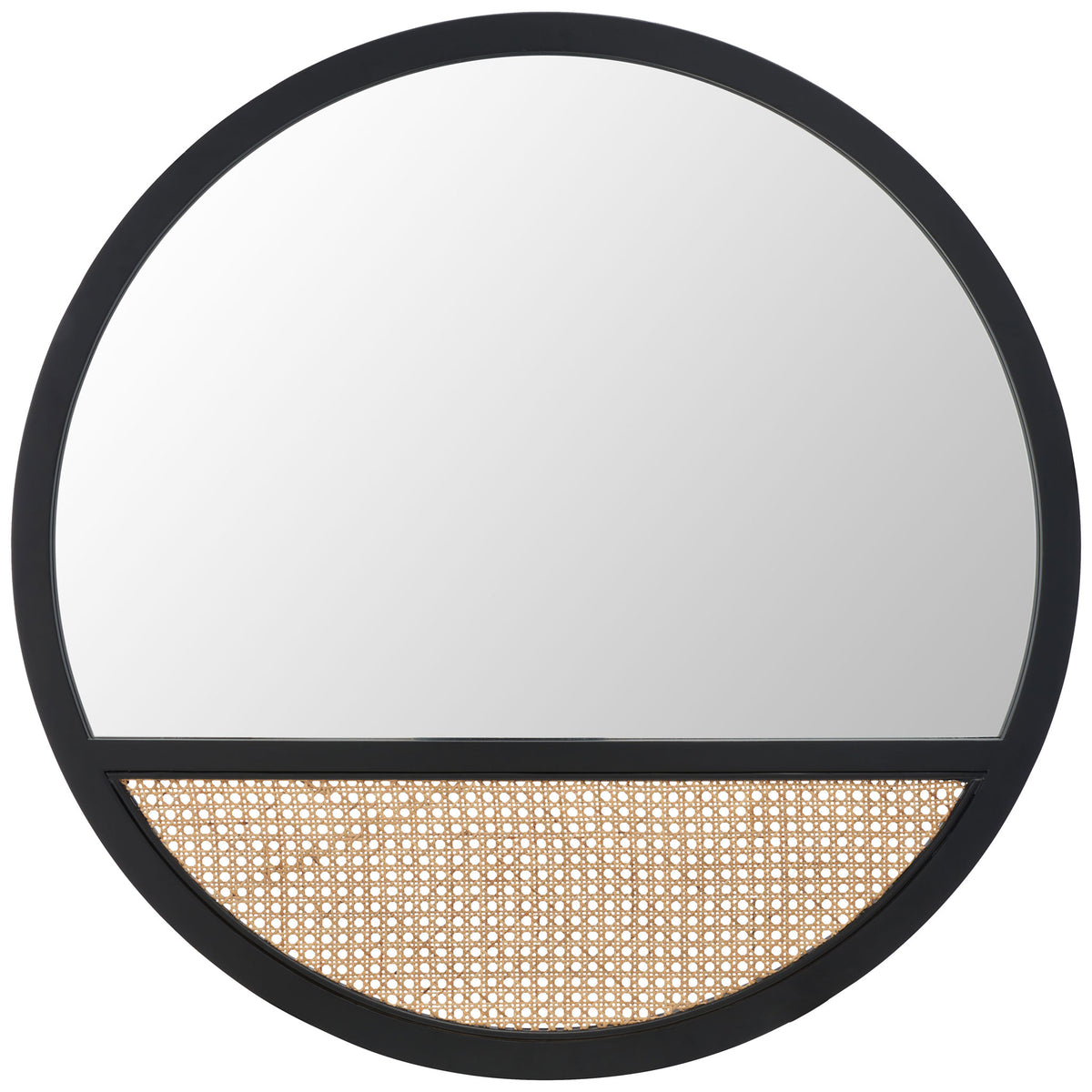 Round mirror pairs a black wood frame with a natural woven cane accent below the glass || MRR2013A || front_studio