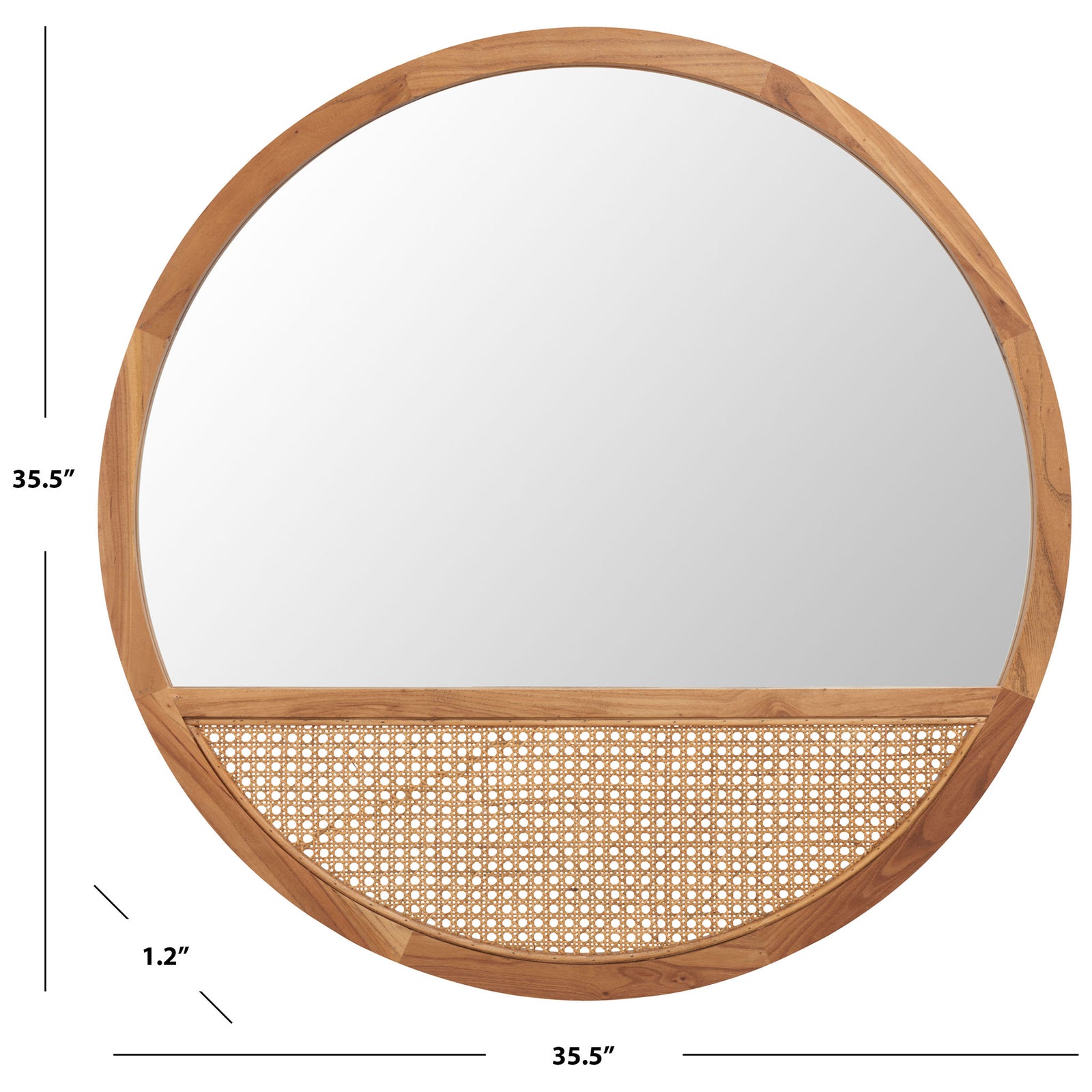 Round natural wood mirror with woven cane measures 35.5 inches across and 1.2 inches deep || MRR2013B || dimension_studio