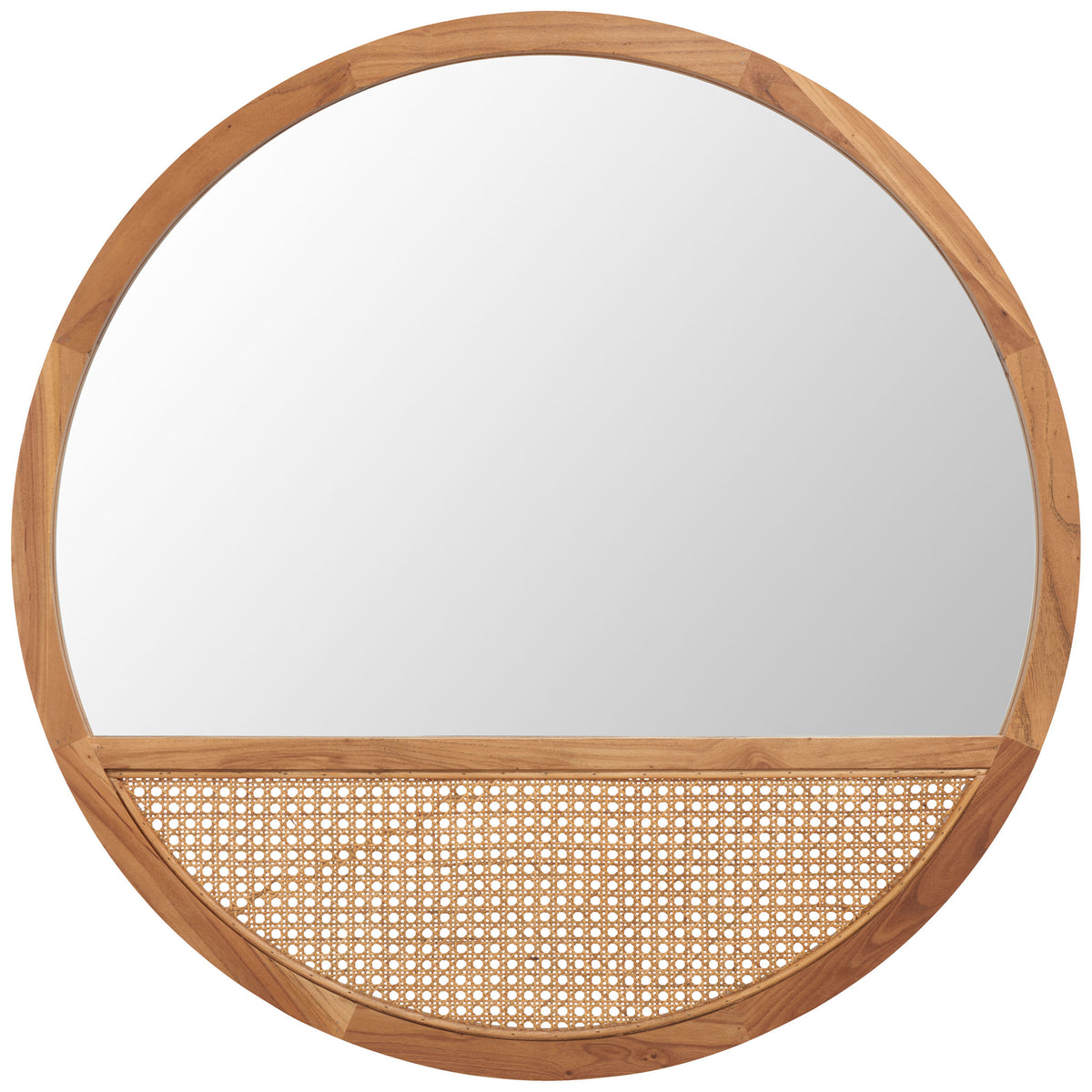 Round natural wood mirror features a woven cane accent beneath the reflective glass || MRR2013B || front_studio