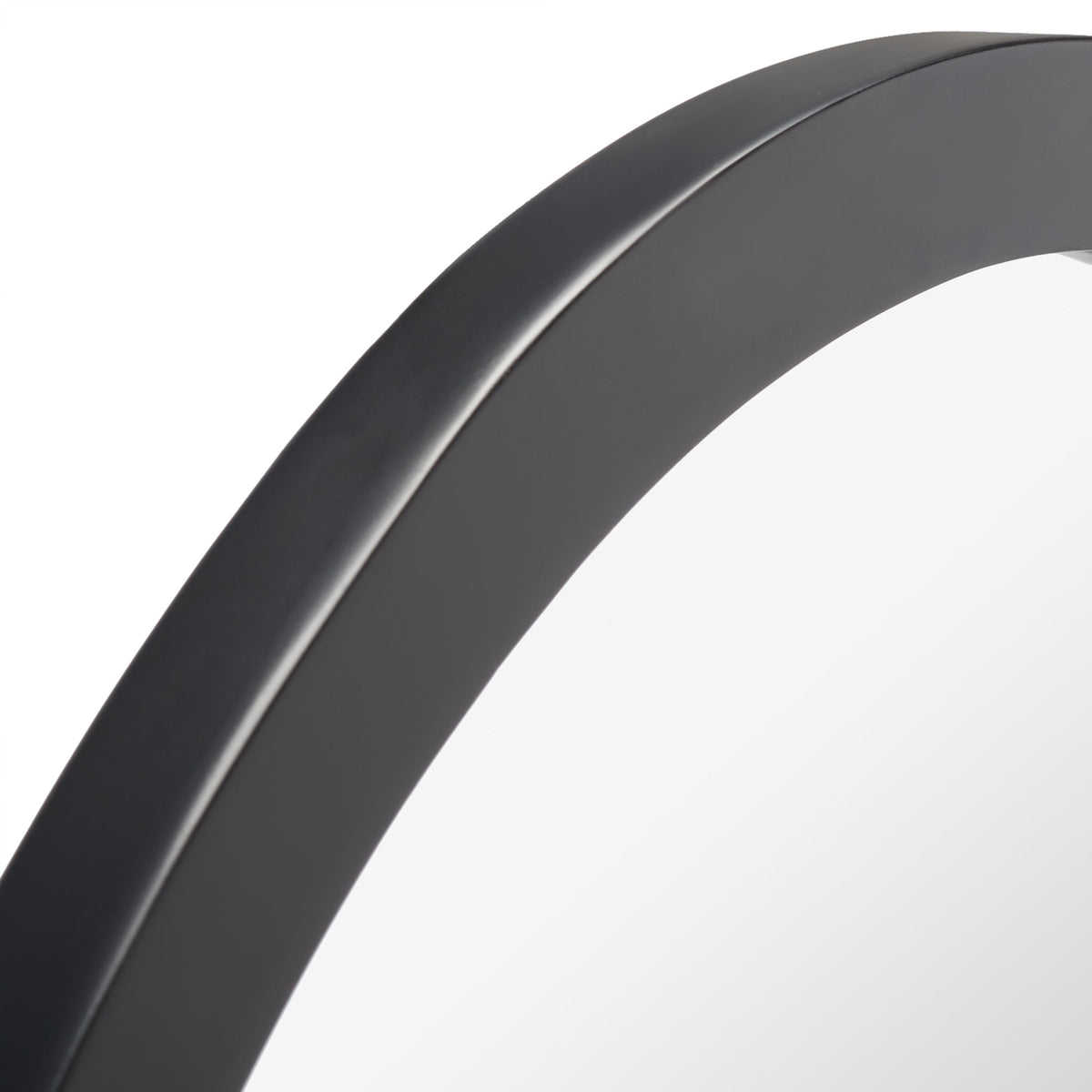 A curved black wood frame has a smooth finish and a subtly beveled edge.