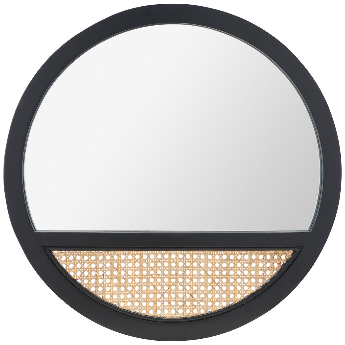 A round black wood mirror pairs a broad reflective surface with a natural woven cane inset. || MRR2014A || front_studio
