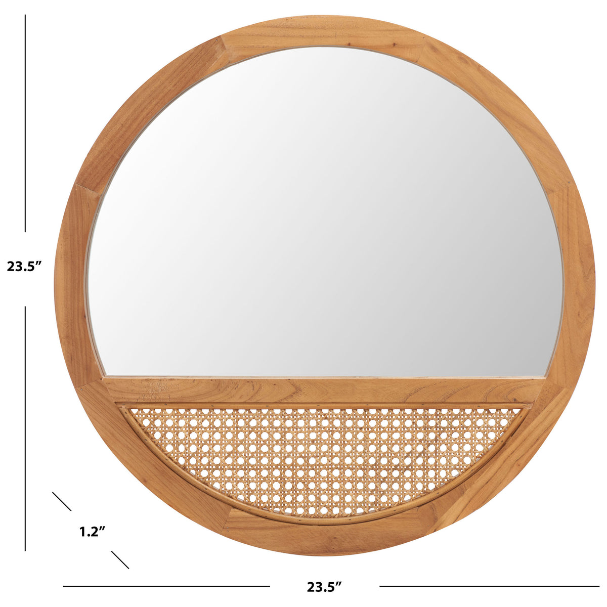 This 23.5-inch round mirror combines natural wood, a woven cane inset, and a slim 1.2-inch depth.