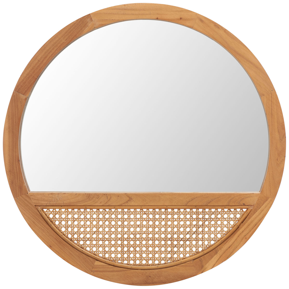 Natural wood frames a round mirror with a woven cane inset beneath the reflective glass. || MRR2014B || front_studio