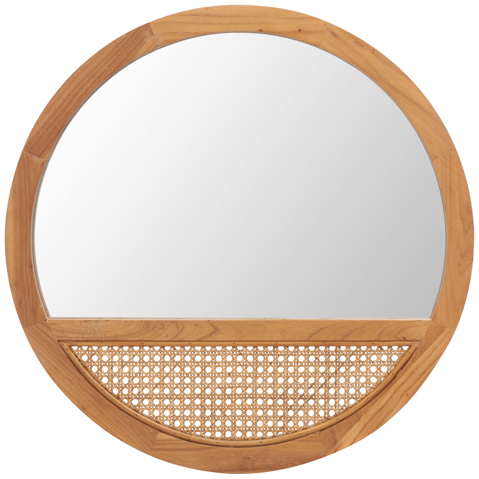 Natural wood frames a round mirror with a woven cane inset beneath the reflective glass. || MRR2014B || front_studio