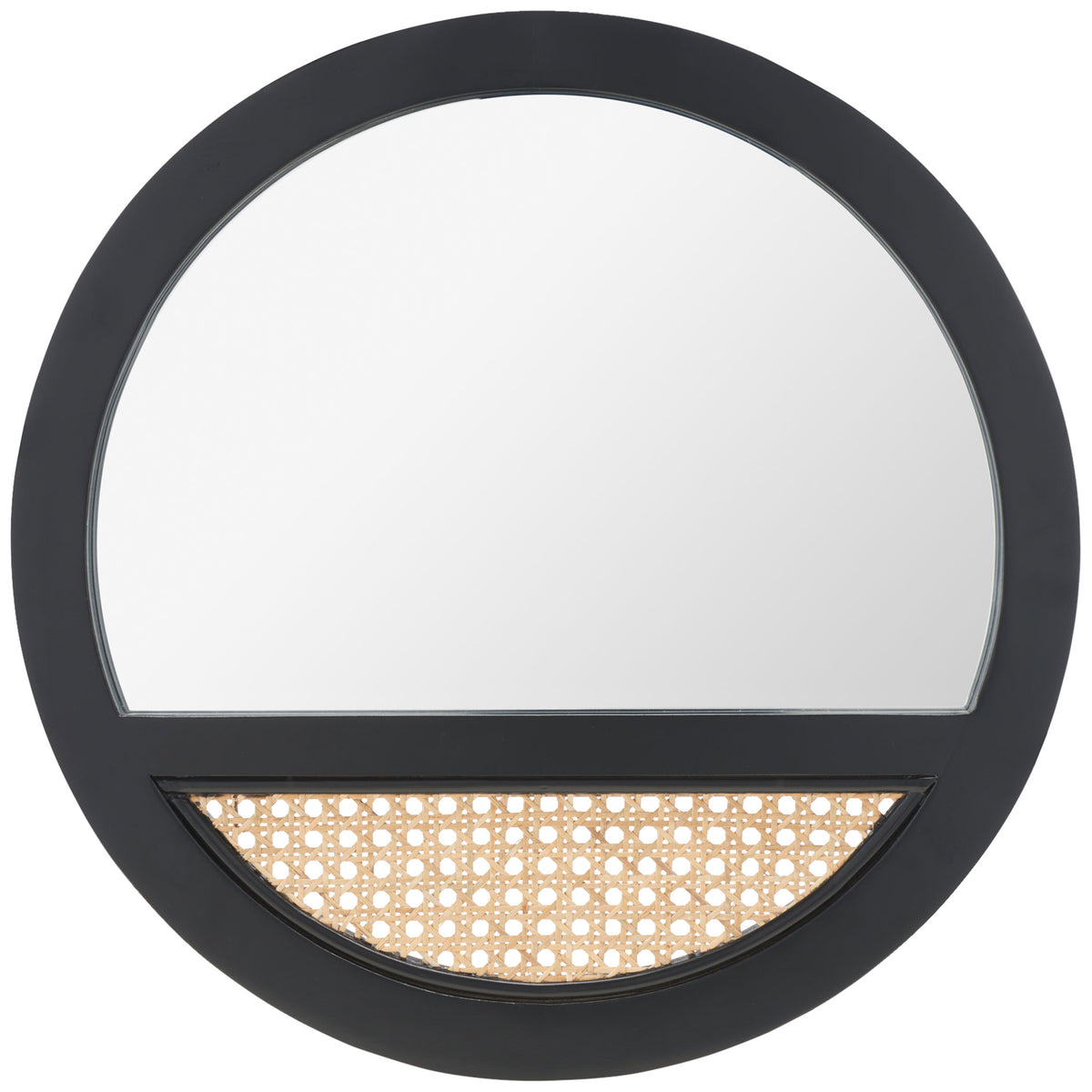 A round black wood frame pairs a broad mirror with a natural cane panel for striking contrast. || MRR2015A || front_studio