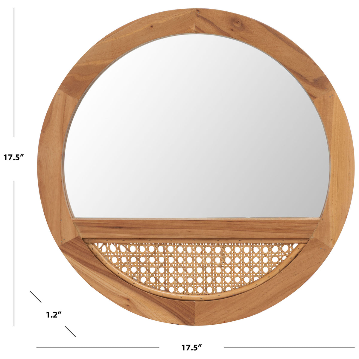 A 17.5-inch round wood frame pairs a mirror with a woven cane accent. || MRR2015B || dimension_studio