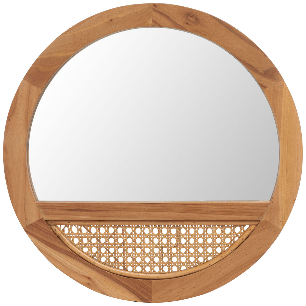 Natural wood grain frames a round mirror with a woven cane panel for warmth and texture. || MRR2015B || front_studio