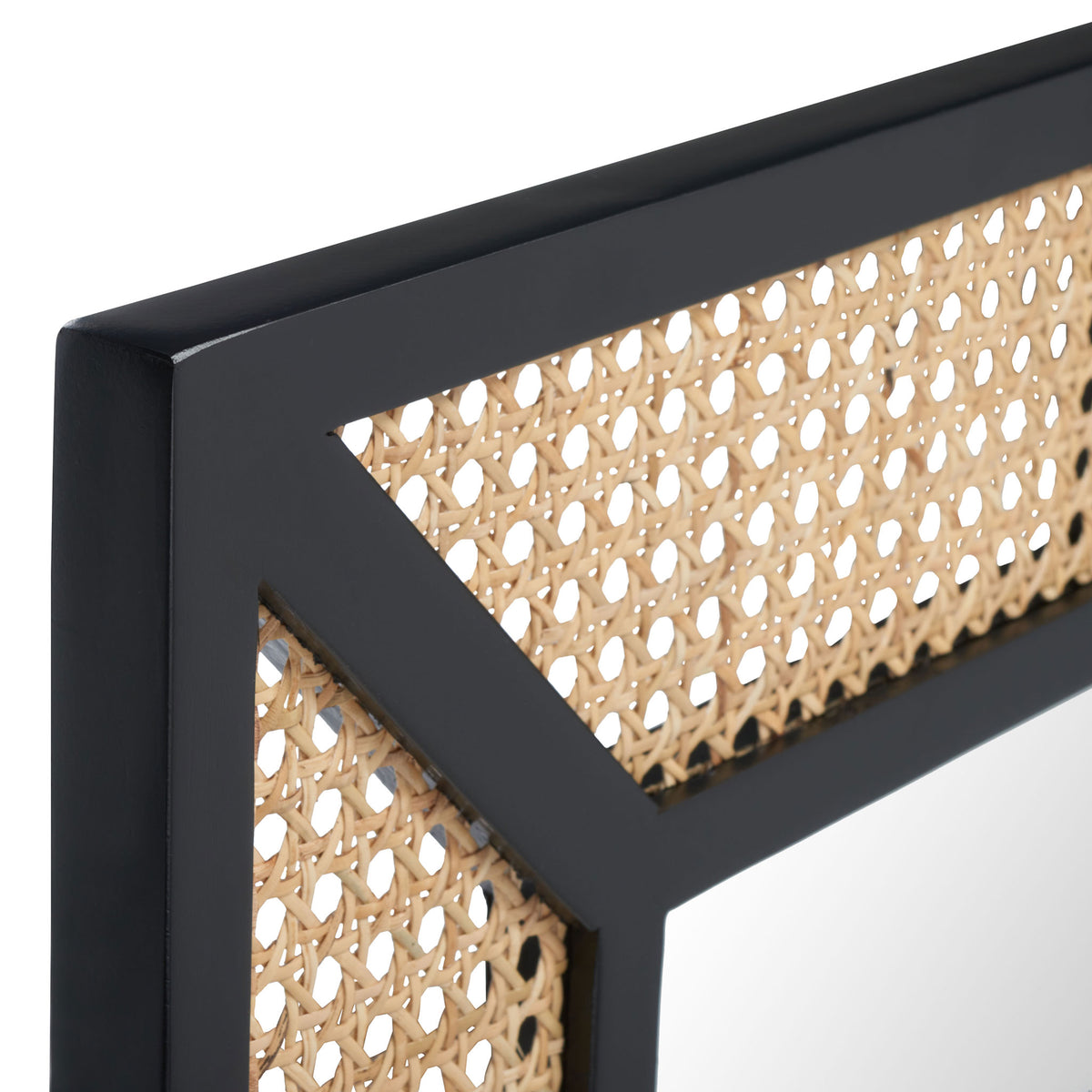 Black wood trim frames airy natural woven panels with crisp diagonal accents. || MRR2016A || detail_studio