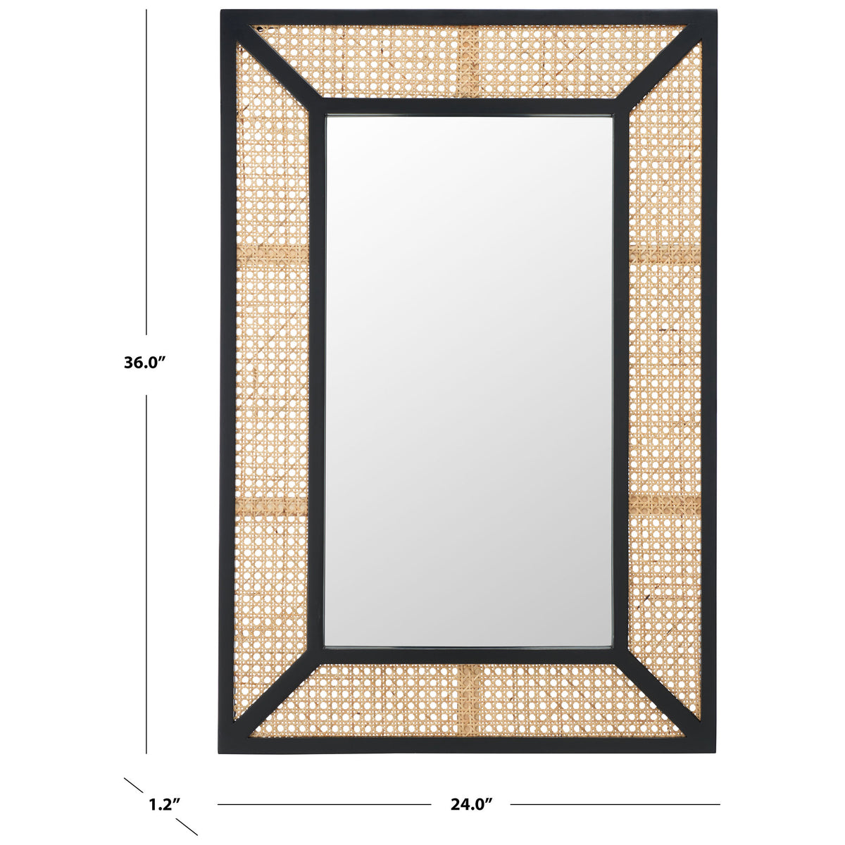 A 24-inch-wide, 36-inch-tall mirror pairs a slim black frame with natural woven accents. || MRR2016A || dimension_studio