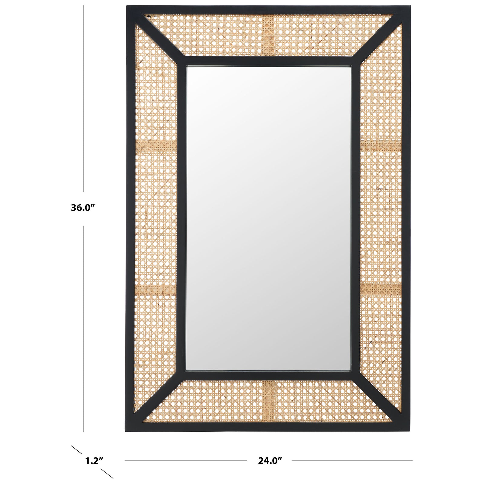 A 24-inch-wide, 36-inch-tall mirror pairs a slim black frame with natural woven accents. || MRR2016A || dimension_studio