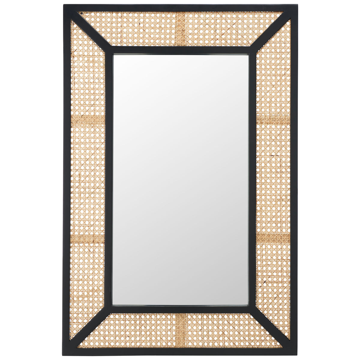 Tall rectangular mirror features an open-weave natural border set within a striking black frame. || MRR2016A || front_studio